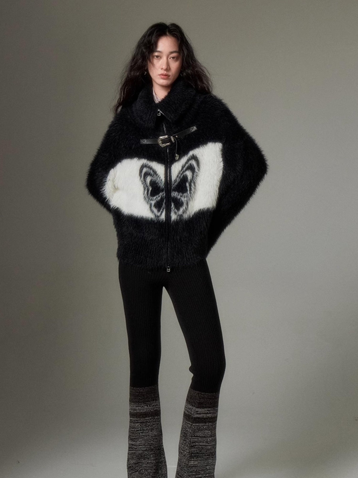 DIDDI MODA Black Grey Knit Flare Pants With Contrast Panels