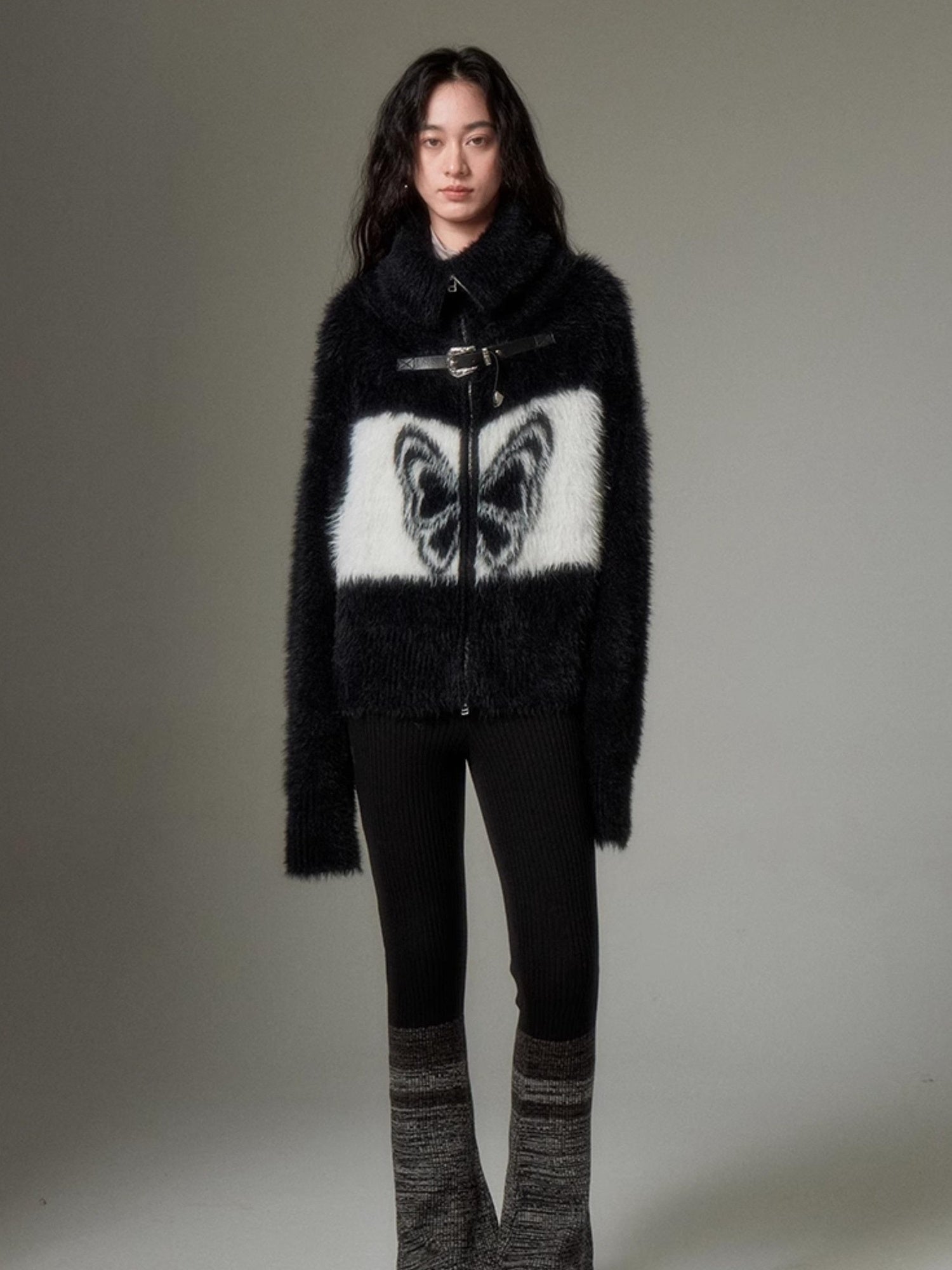 DIDDI MODA Black Grey Knit Flare Pants With Contrast Panels