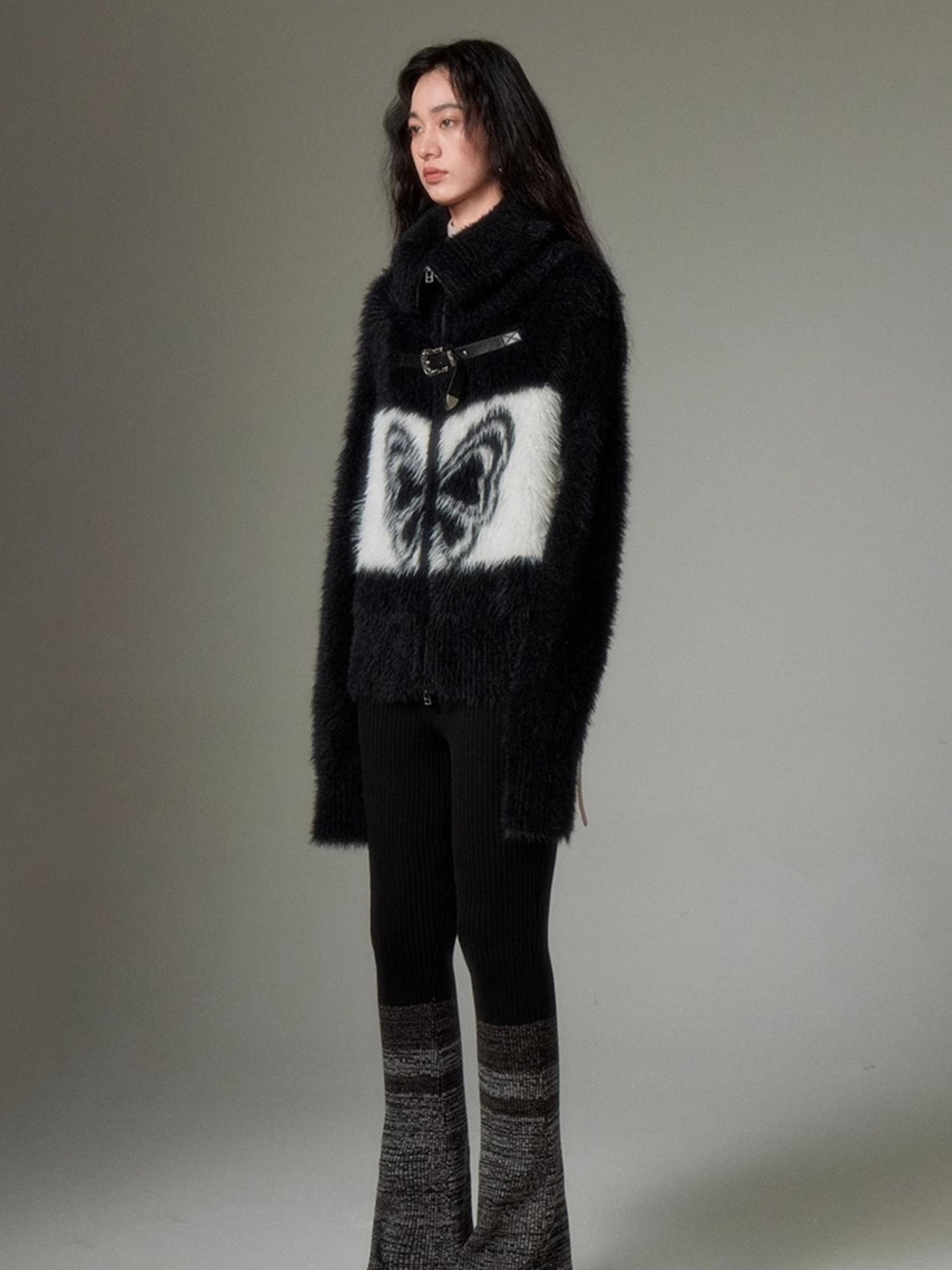 DIDDI MODA Black Grey Knit Flare Pants With Contrast Panels