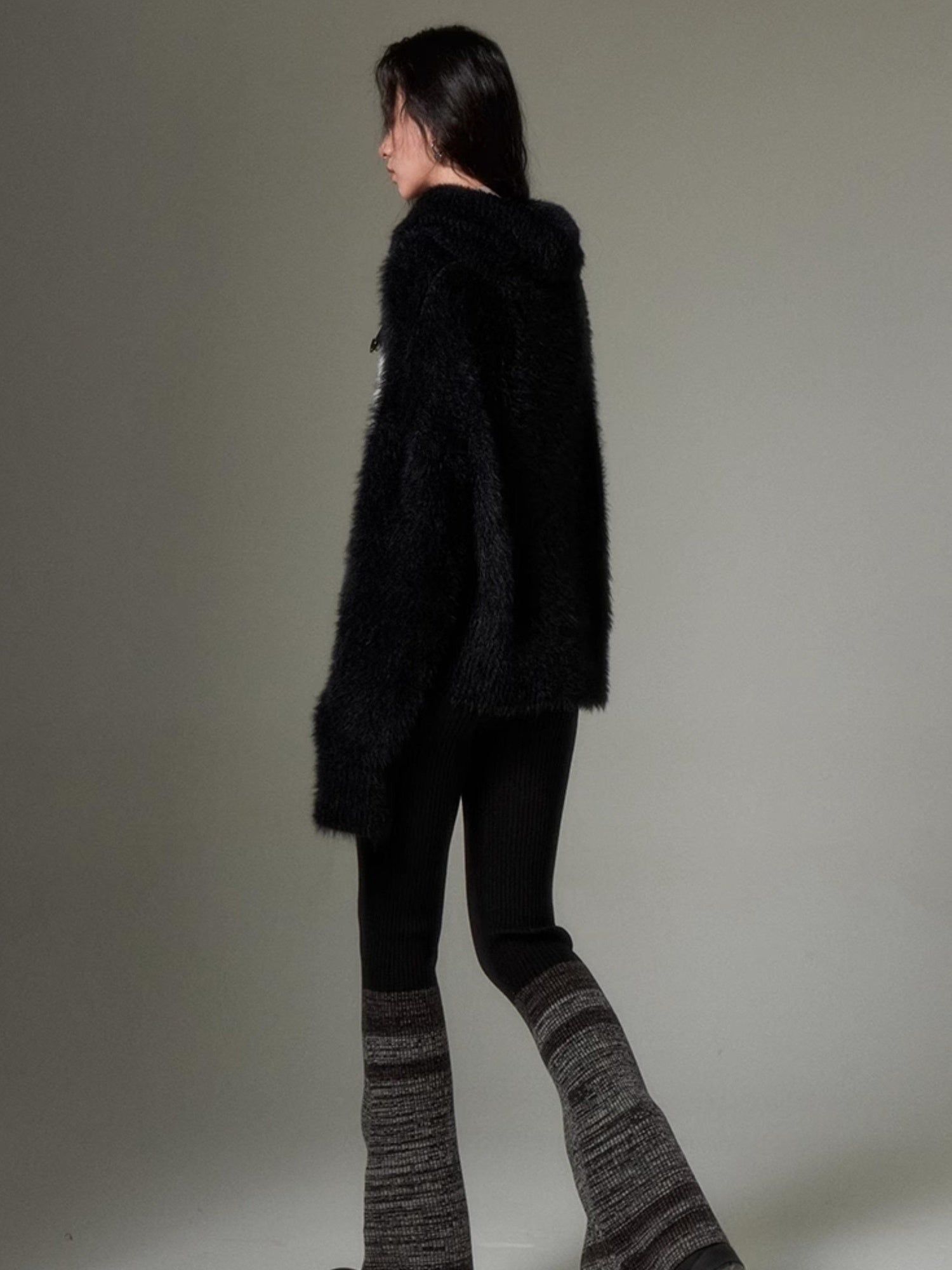 DIDDI MODA Black Grey Knit Flare Pants With Contrast Panels