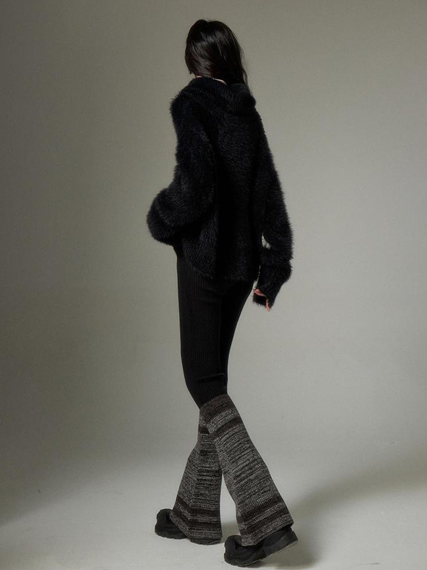 DIDDI MODA Black Grey Knit Flare Pants With Contrast Panels