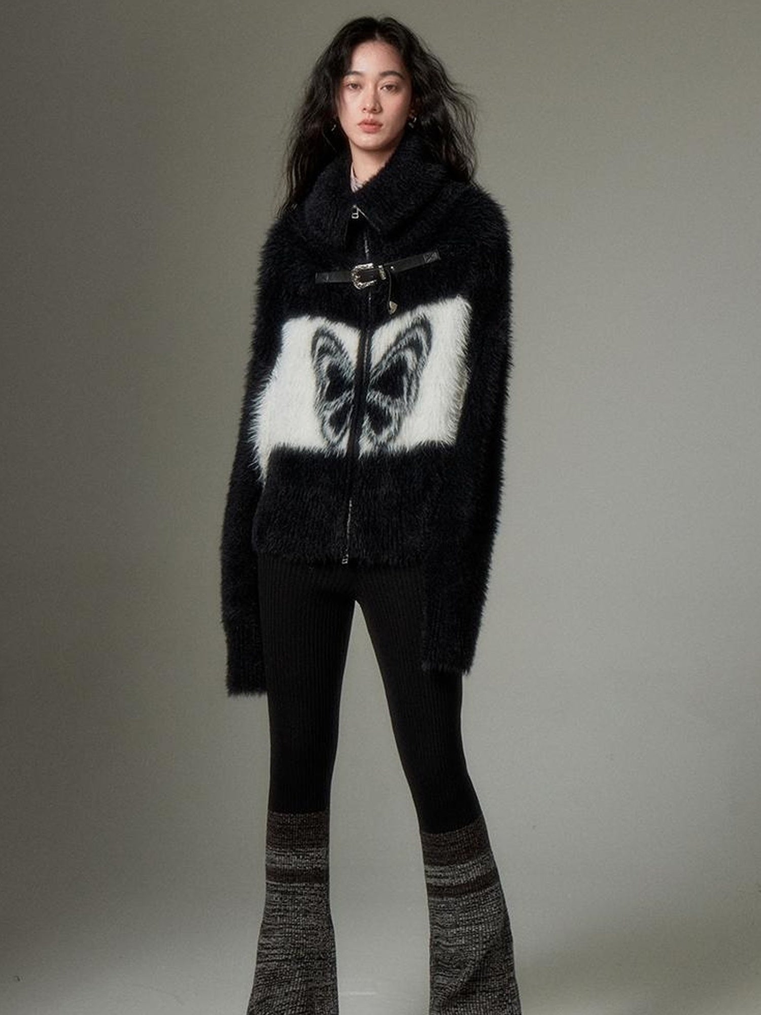 DIDDI MODA Black Grey Knit Flare Pants With Contrast Panels