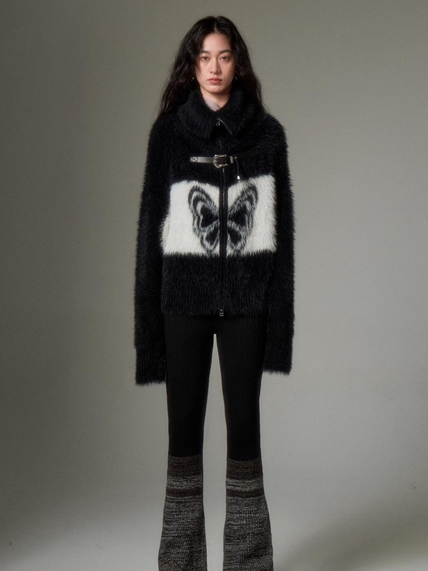 DIDDI MODA Black Grey Knit Flare Pants With Contrast Panels