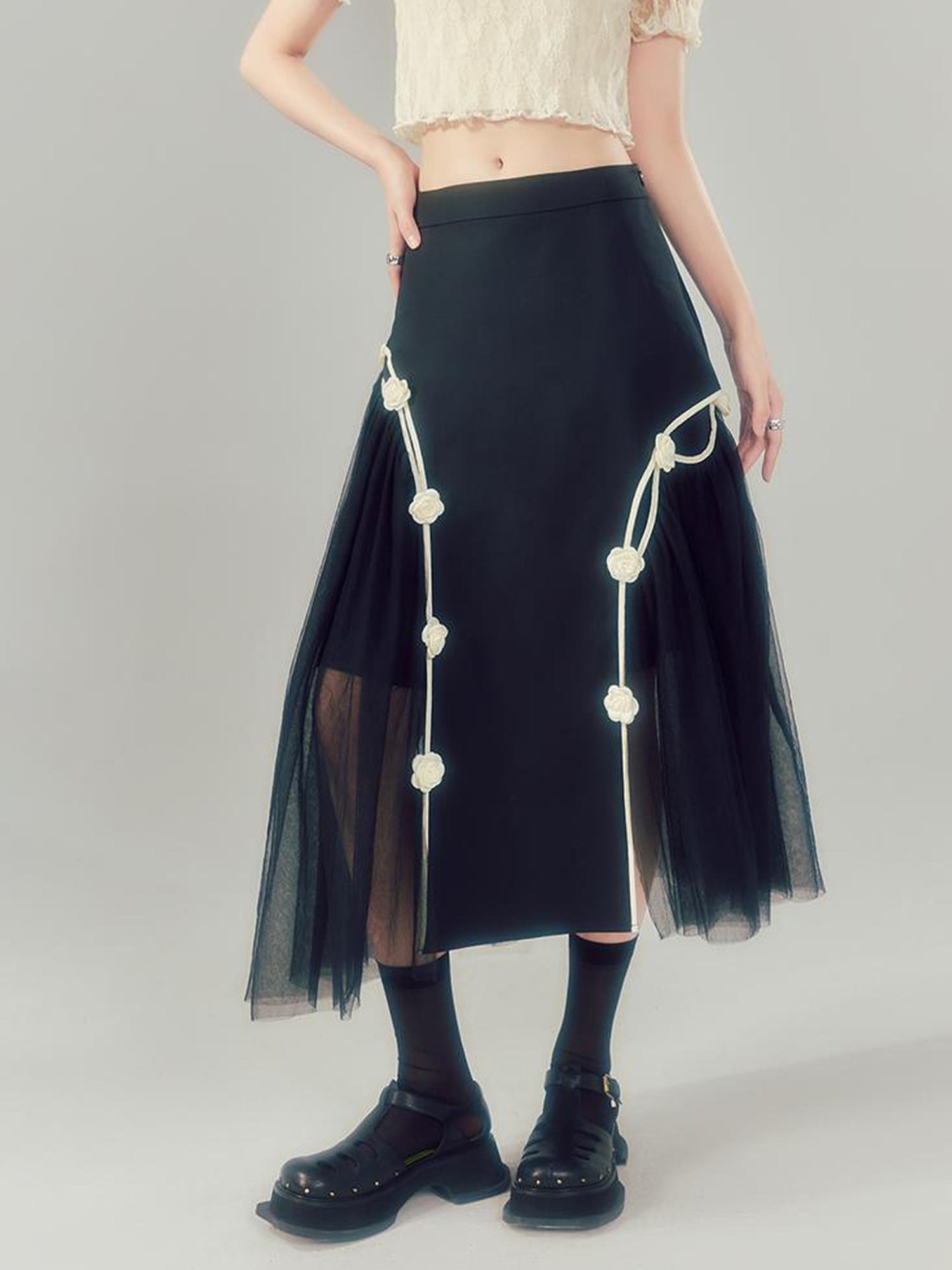 DIDDI MODA Black High Waist Floral Mesh Layered Midi Skirt