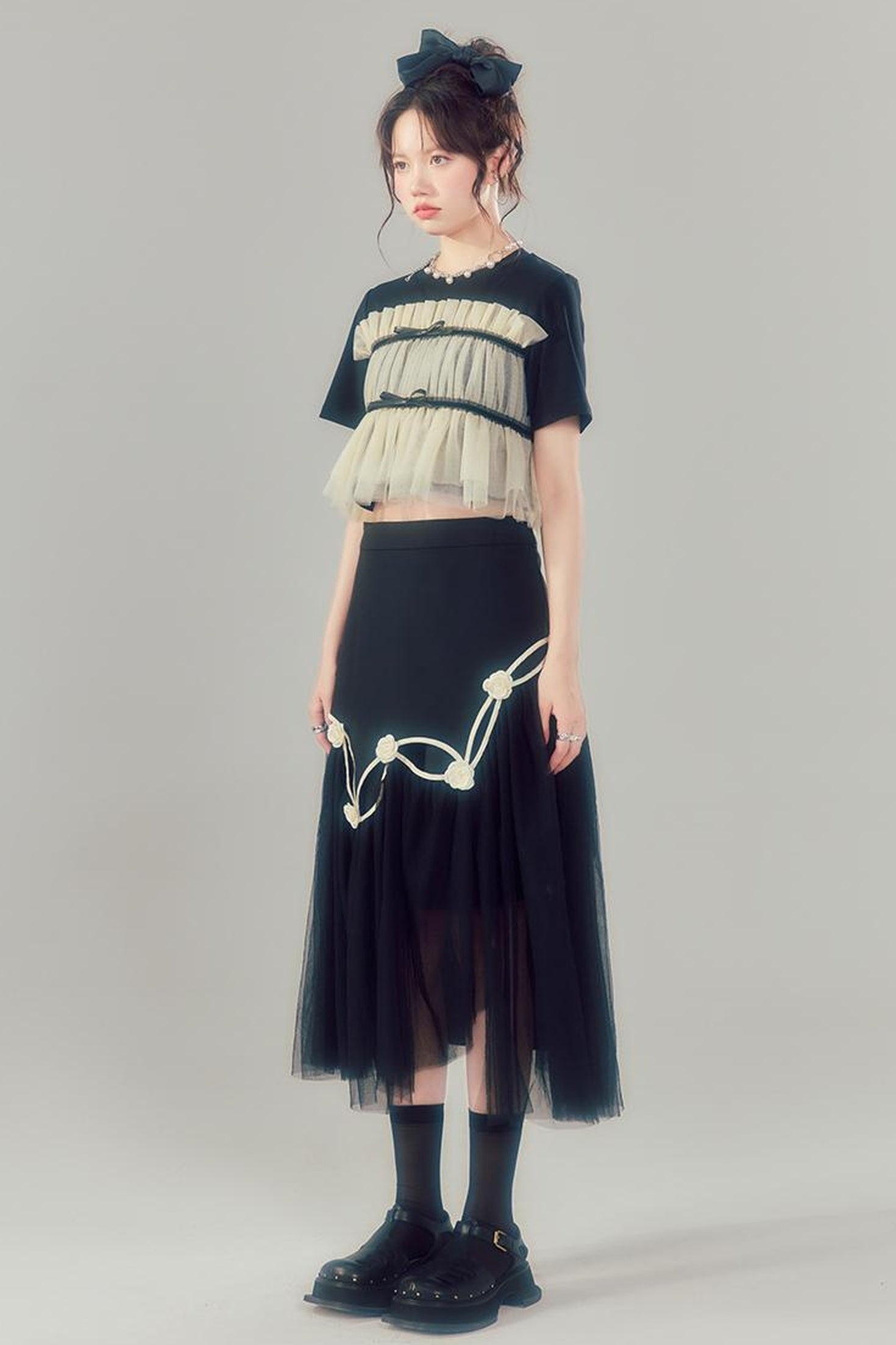 DIDDI MODA Black High Waist Floral Mesh Layered Midi Skirt