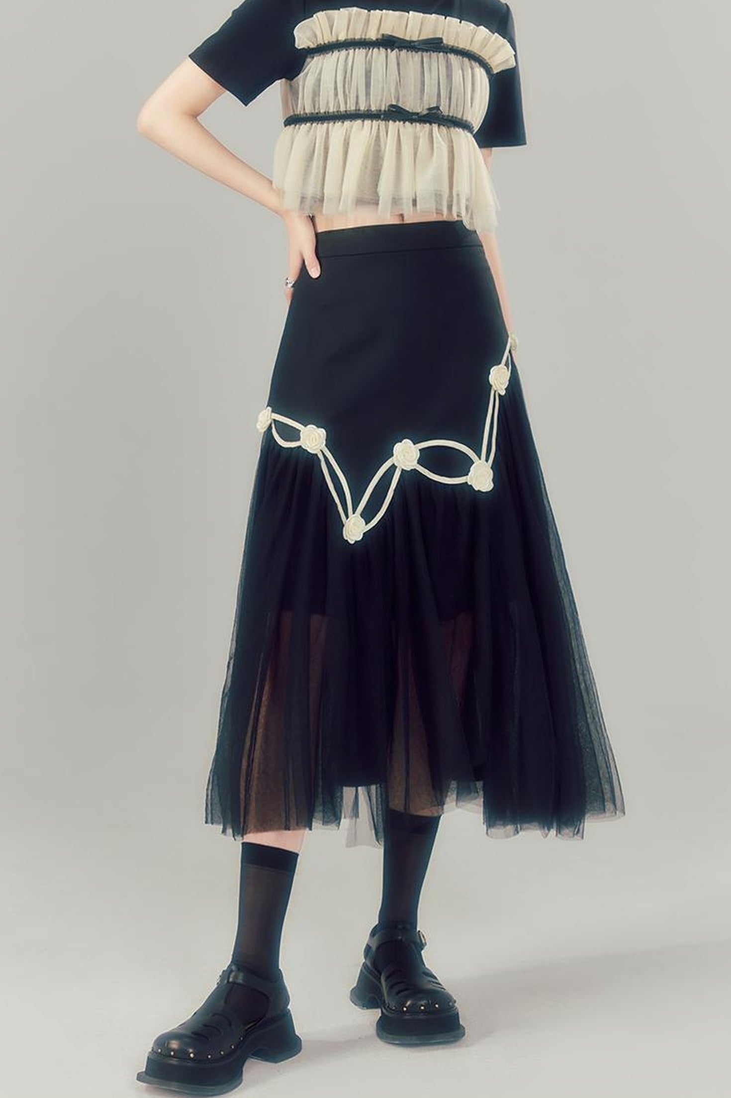 DIDDI MODA Black High Waist Floral Mesh Layered Midi Skirt