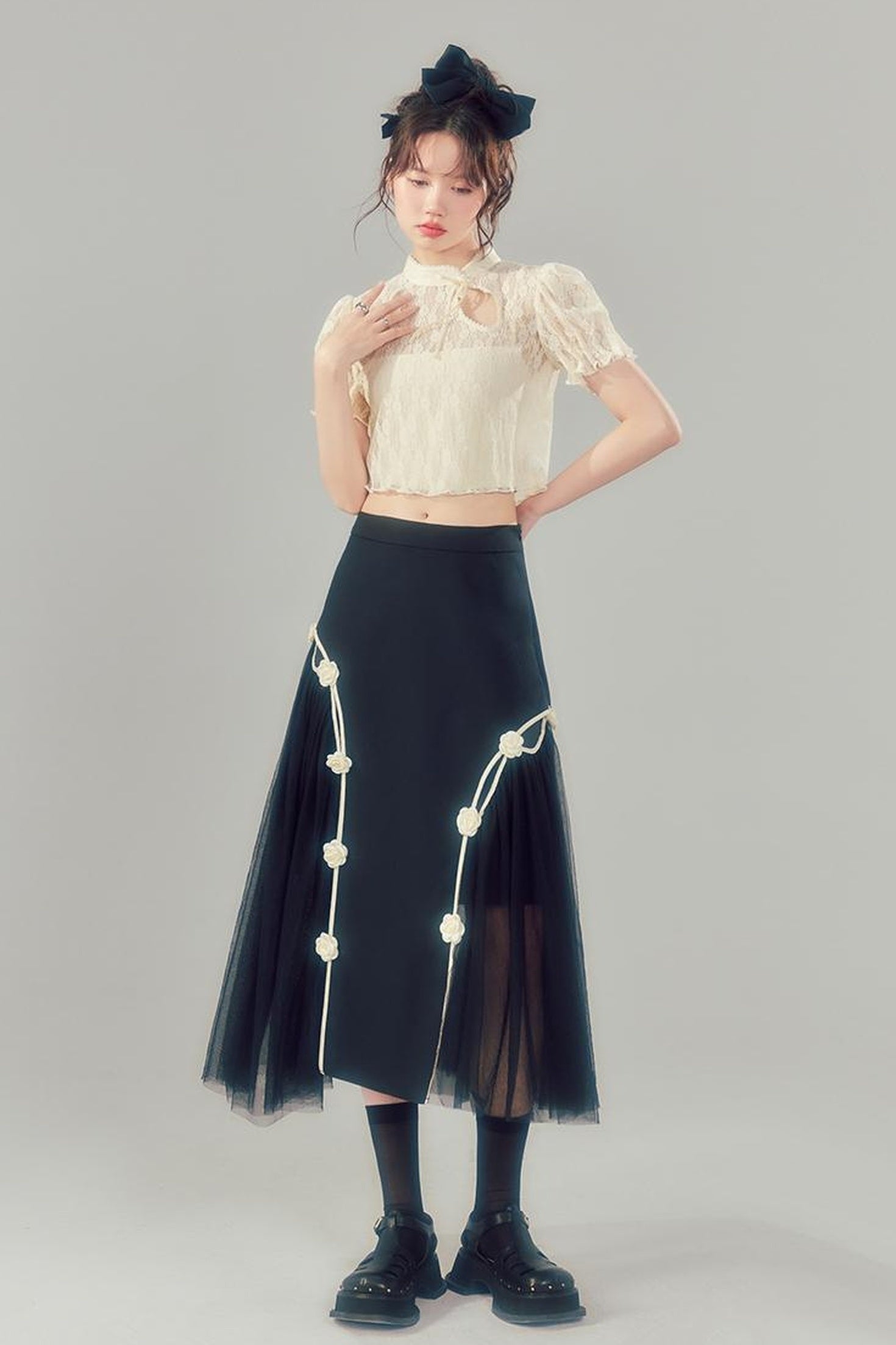 DIDDI MODA Black High Waist Floral Mesh Layered Midi Skirt