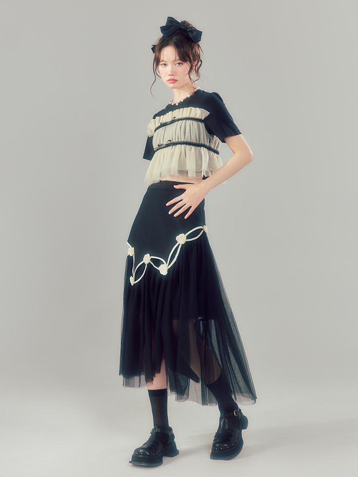 DIDDI MODA Black High Waist Floral Mesh Layered Midi Skirt