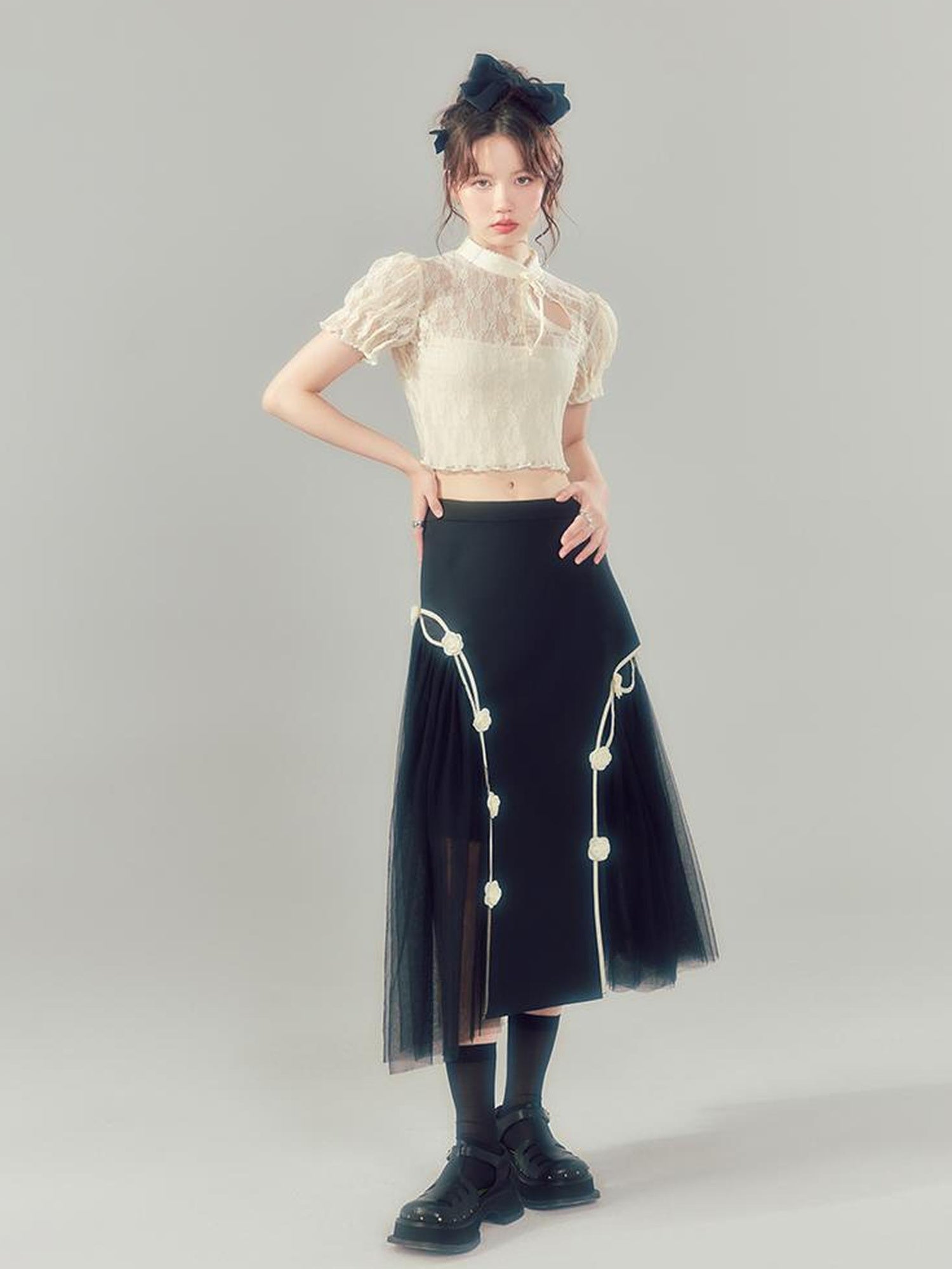 DIDDI MODA Black High Waist Floral Mesh Layered Midi Skirt