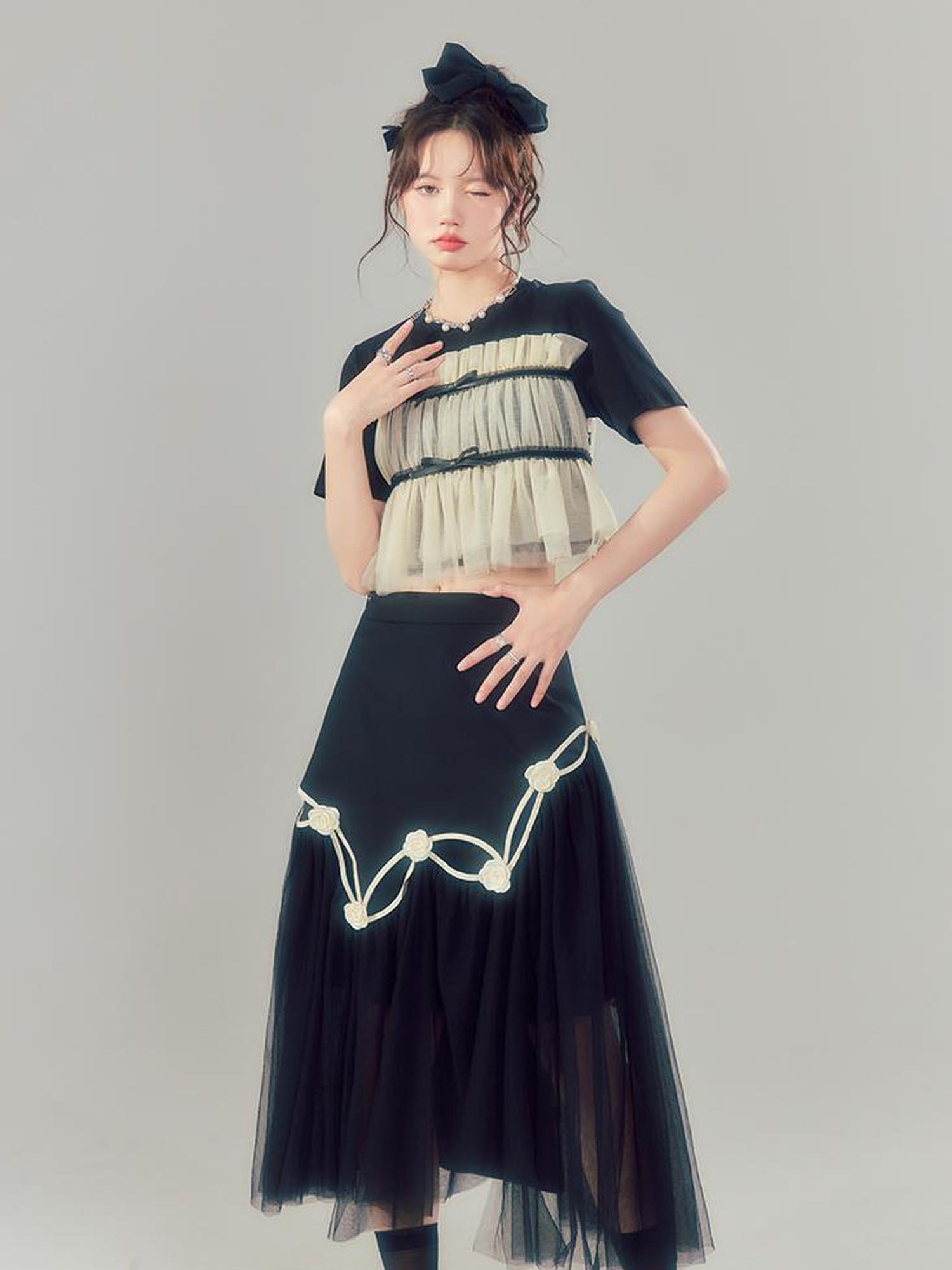 DIDDI MODA Black High Waist Floral Mesh Layered Midi Skirt