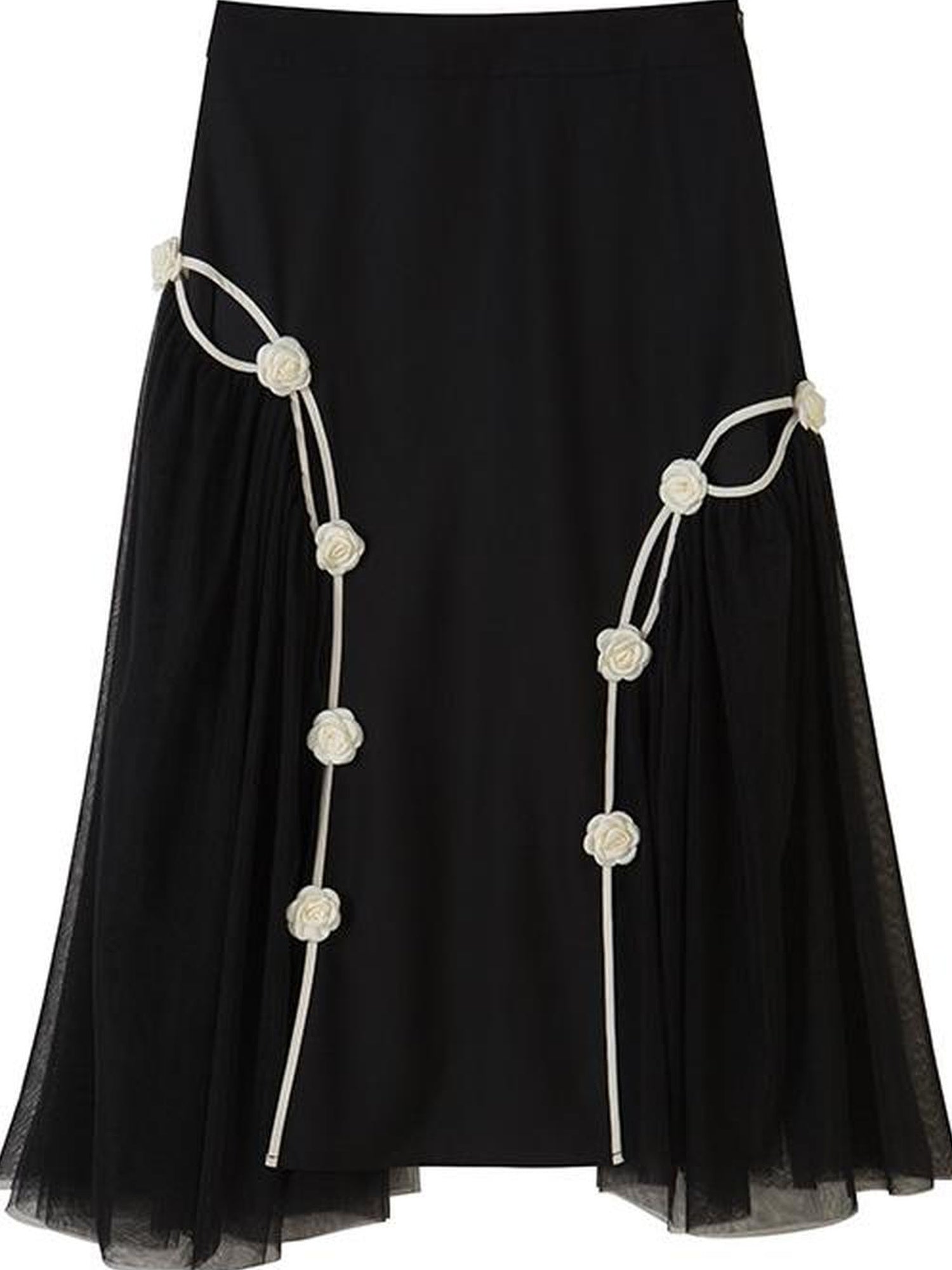 DIDDI MODA Black High Waist Floral Mesh Layered Midi Skirt