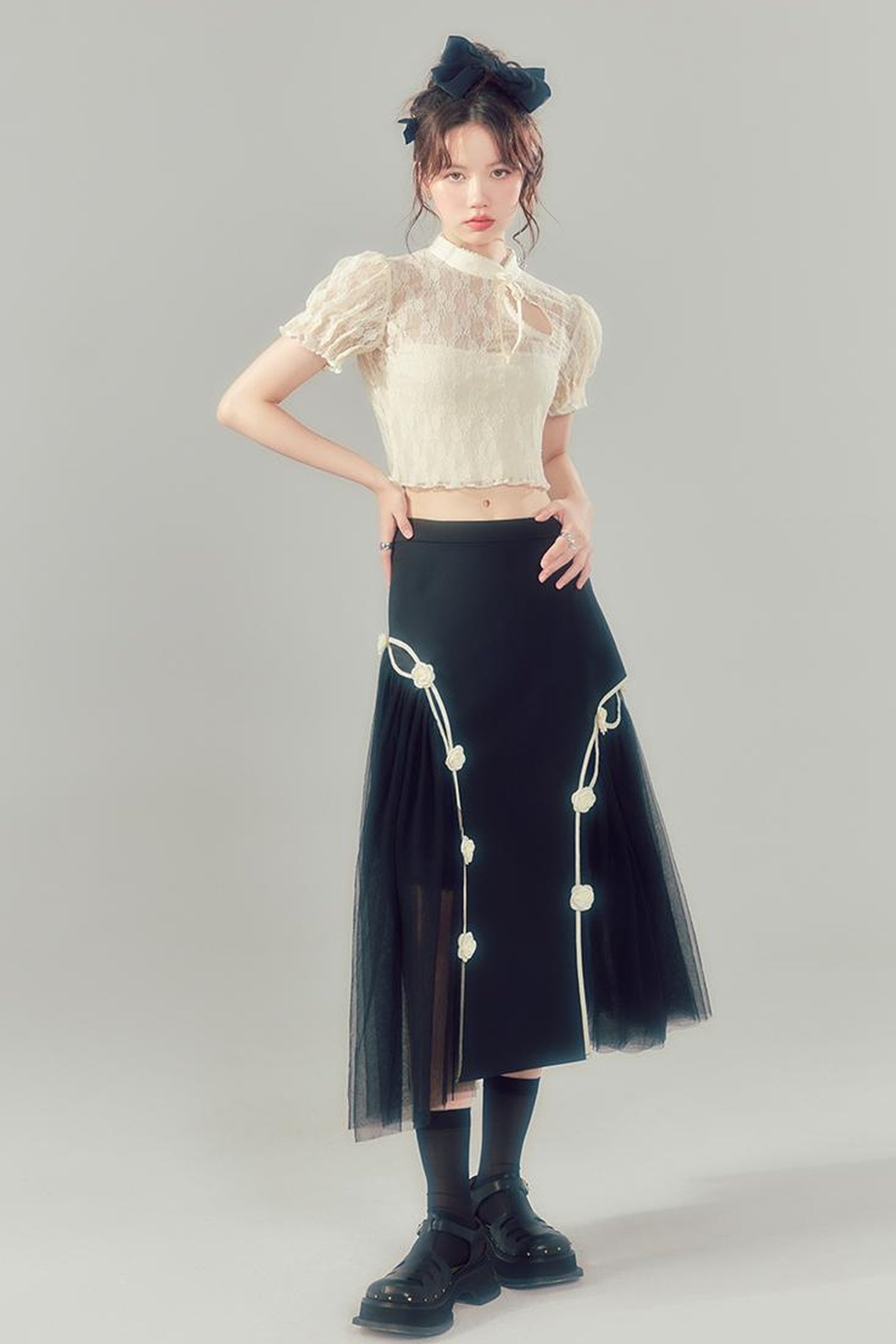 DIDDI MODA Black High Waist Floral Mesh Layered Midi Skirt