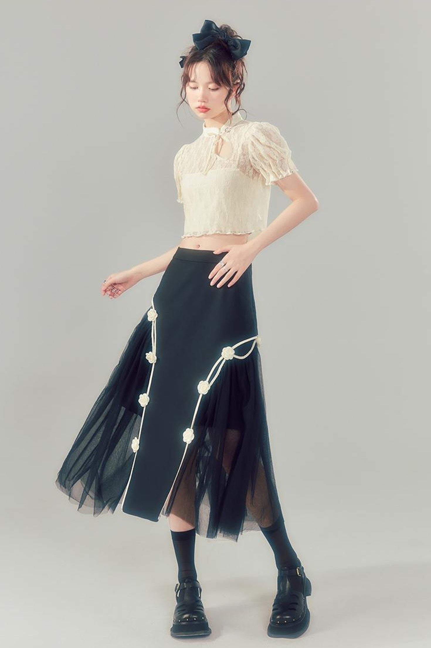 DIDDI MODA Black High Waist Floral Mesh Layered Midi Skirt