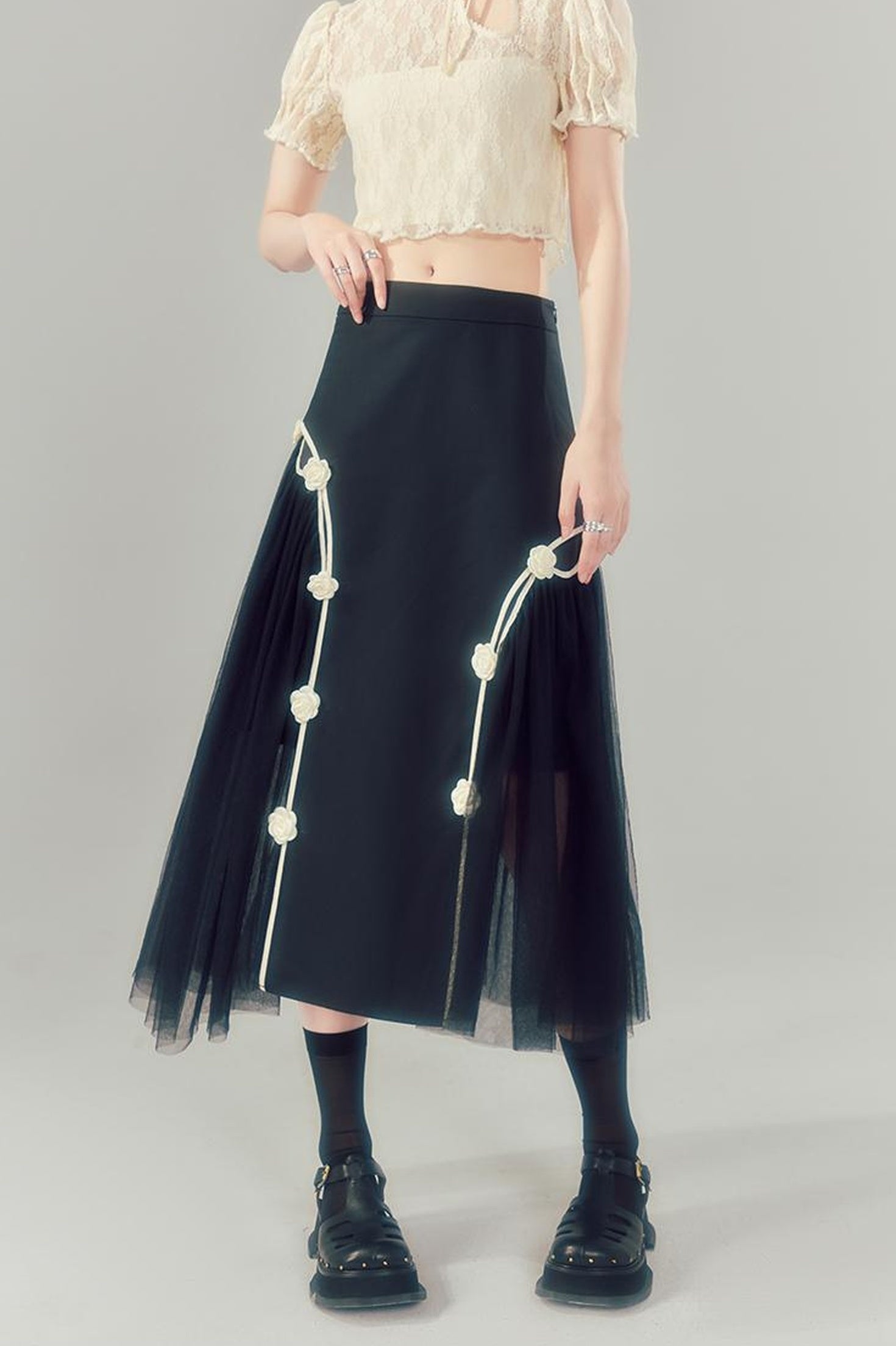 DIDDI MODA Black High Waist Floral Mesh Layered Midi Skirt