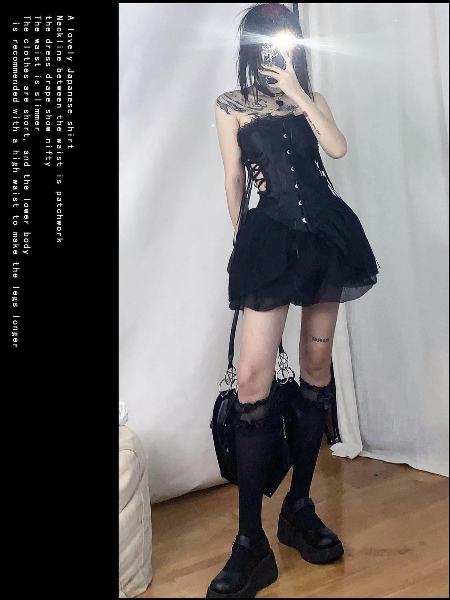 WSW WUSHENWU Black Hollow Angel Drop Dress With Detachable Straps
