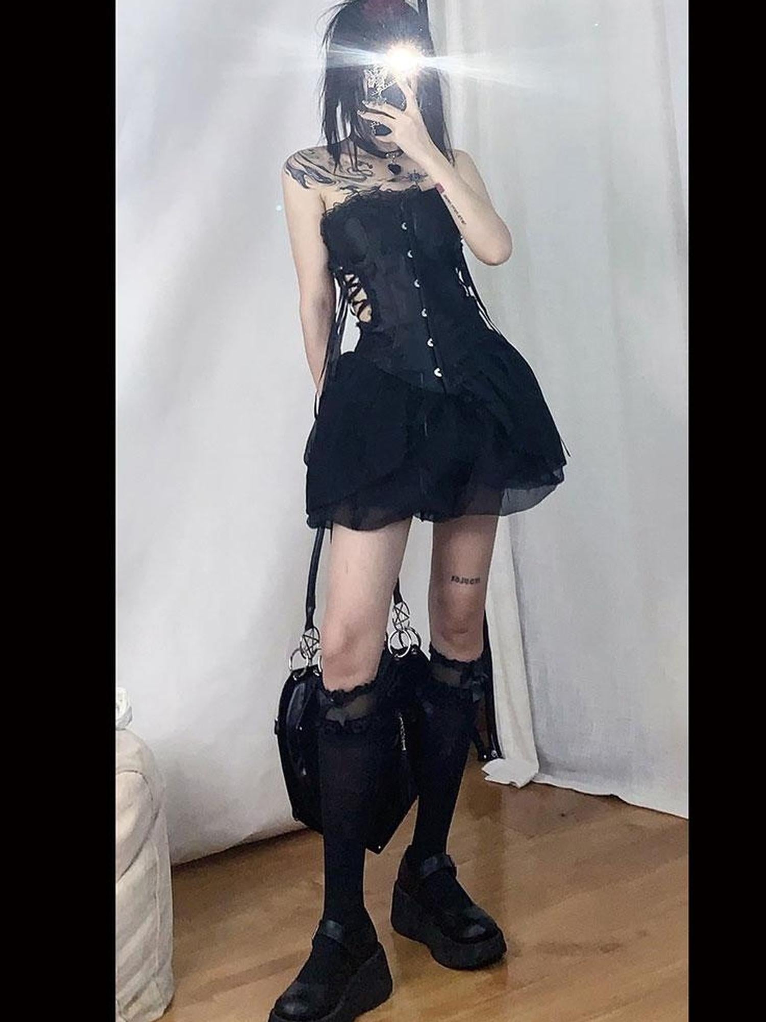 WSW WUSHENWU Black Hollow Angel Drop Dress With Detachable Straps