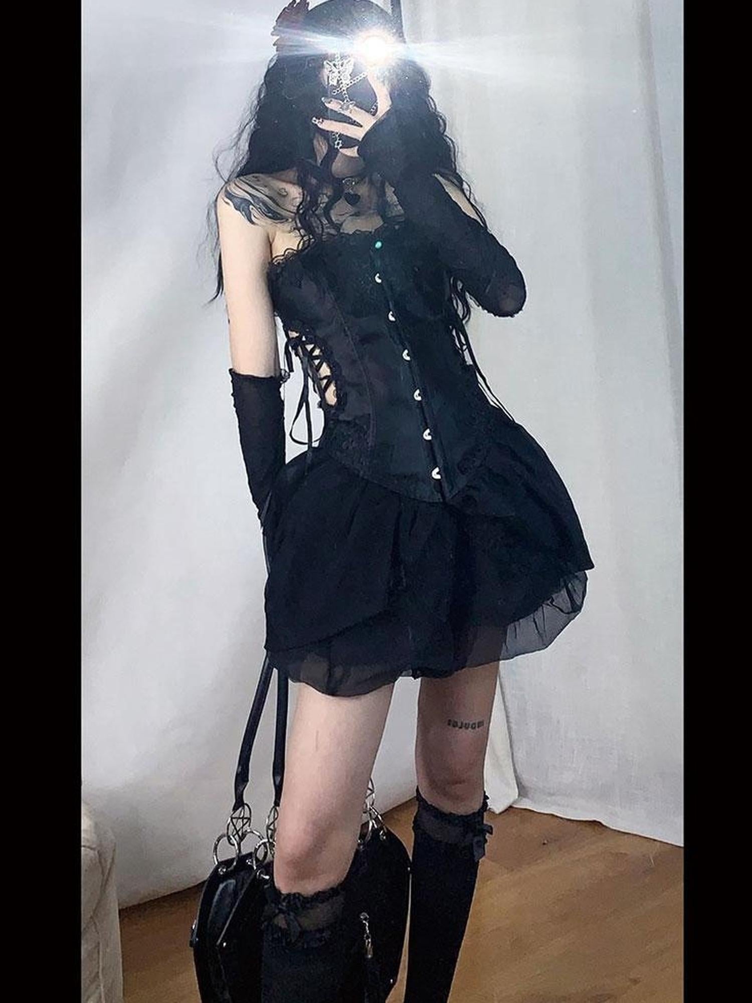 WSW WUSHENWU Black Hollow Angel Drop Dress With Detachable Straps