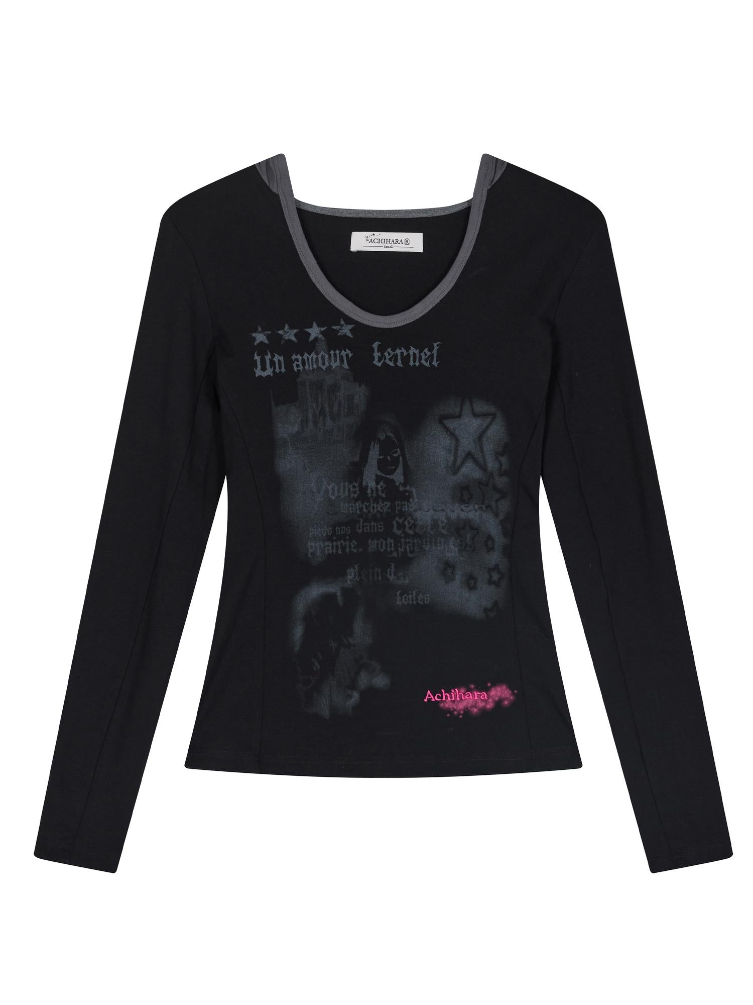 Achihara Starry Rain Hooded Tee V-Neck T-Shirt Long-Sleeve