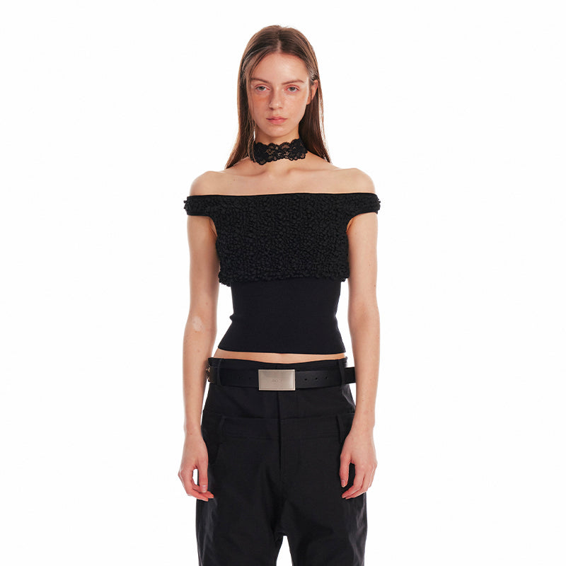 ALINNV STUDIO Slim Off Shoulder Silk Top With Floral Detail