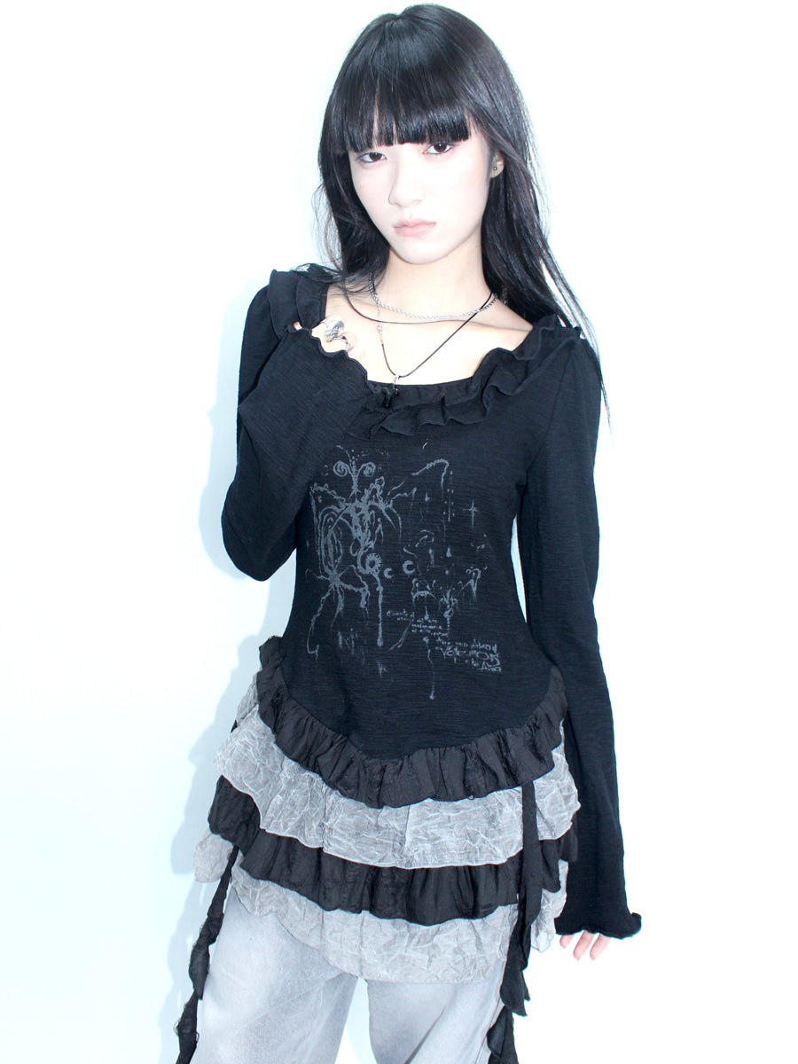 ang project Millennium Retro Niche Print Midi Hem Ruffle Sleeve Dress Tee Top