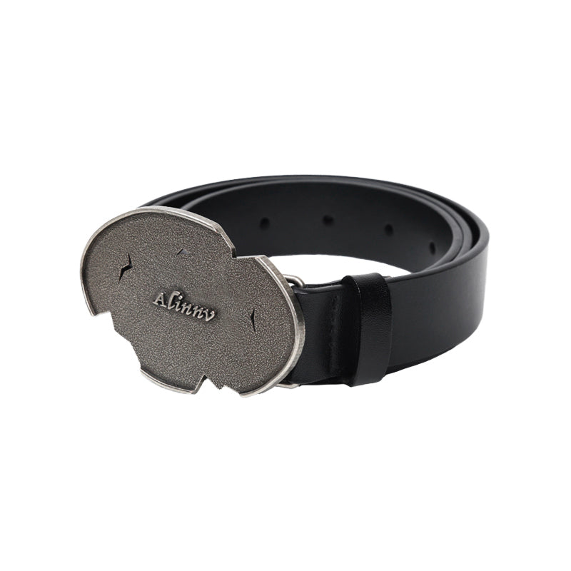 Vintage Distressed Leather Belt With Irregular Buckle Design