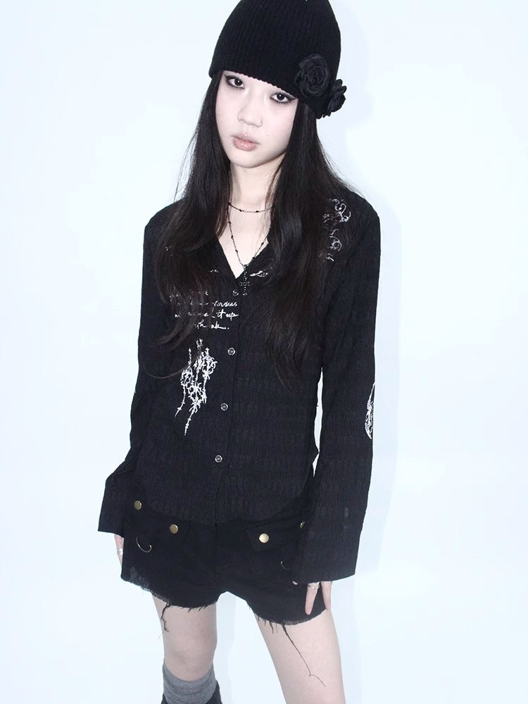 ang project Vintage Punk Print Textured Slim Fit Short Button Up Shirt