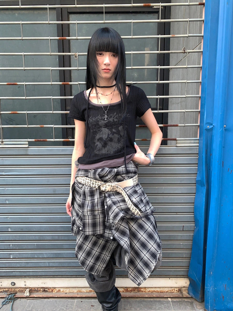 Vintage Floral Print Layered Elastic Short Sleeve Tee With Scarf