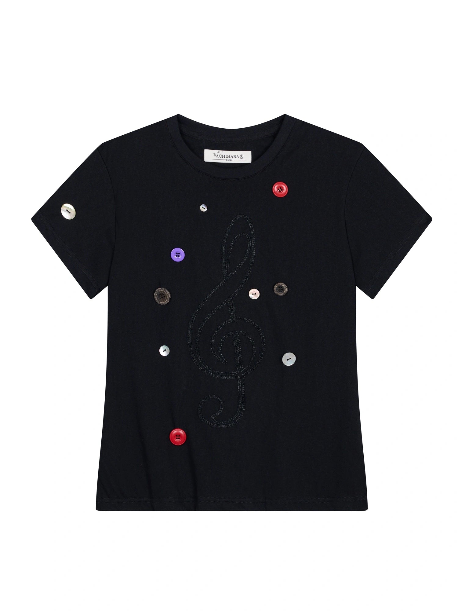 Music Button Embroidered Tee V Neck T Shirt Long Sleeve