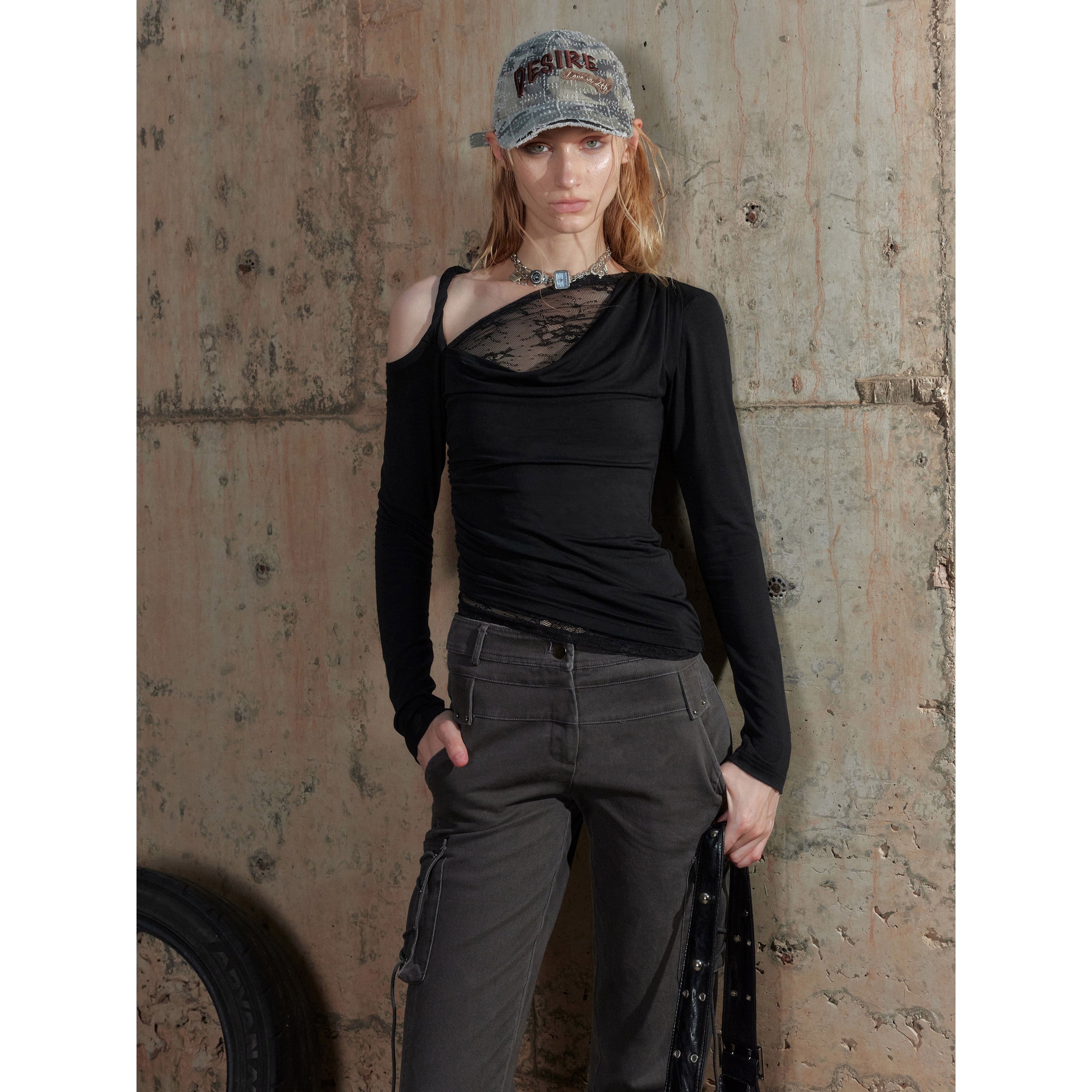 2th Desire Lace Trimmed Off Shoulder Long Sleeve Top