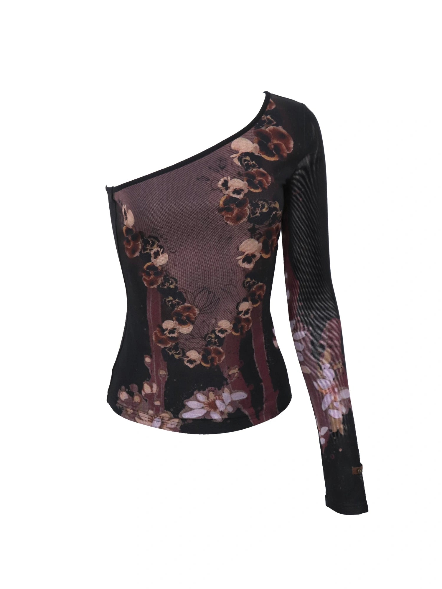 Cropped Mesh Knit Top Asymmetric Shoulder Print Design