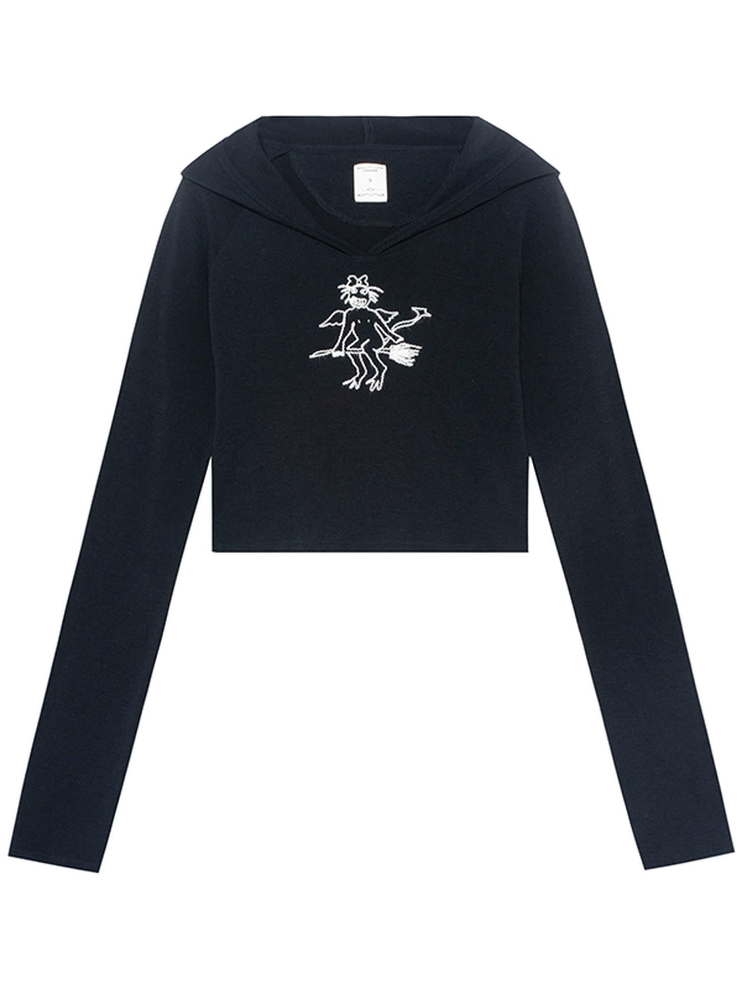 Achihara Magic Broom Print Hooded Long Sleeve Tee