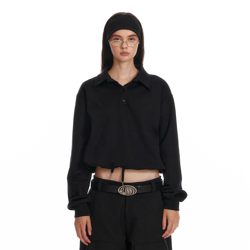 ALINNV STUDIO Polo Collar Drawstring Hem Embroidered Loose Fit Crop Sweatshirt