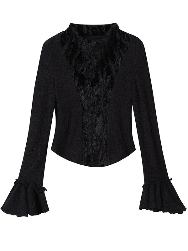 Velvet Lace Trim Embroidered Mock Neck Top