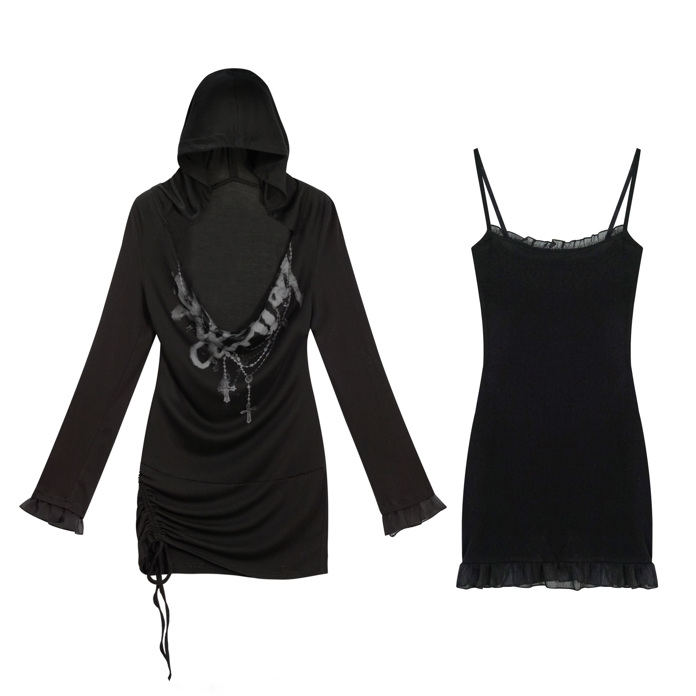 Update c Lace Up Hem Hooded Slip Dress With Punk Print
