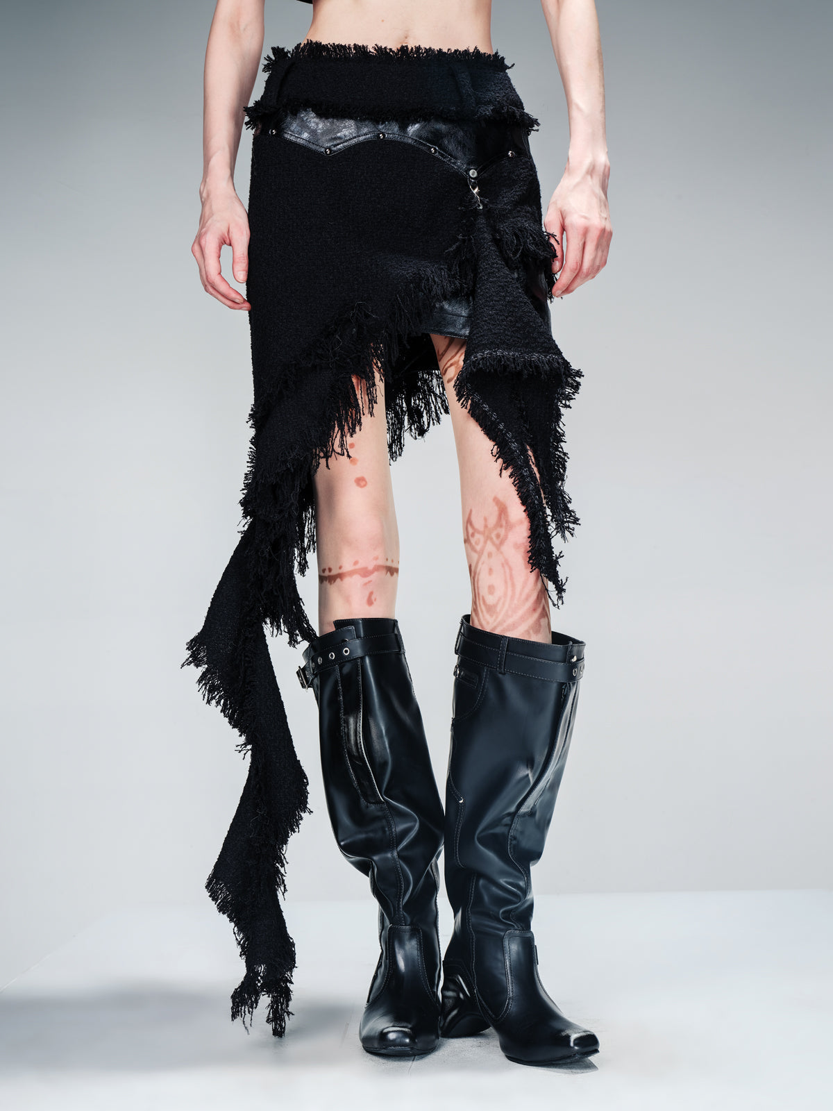 NN NORTH NODE Fringed Tweed Set Edgy Jacket Asymmetric Skirt