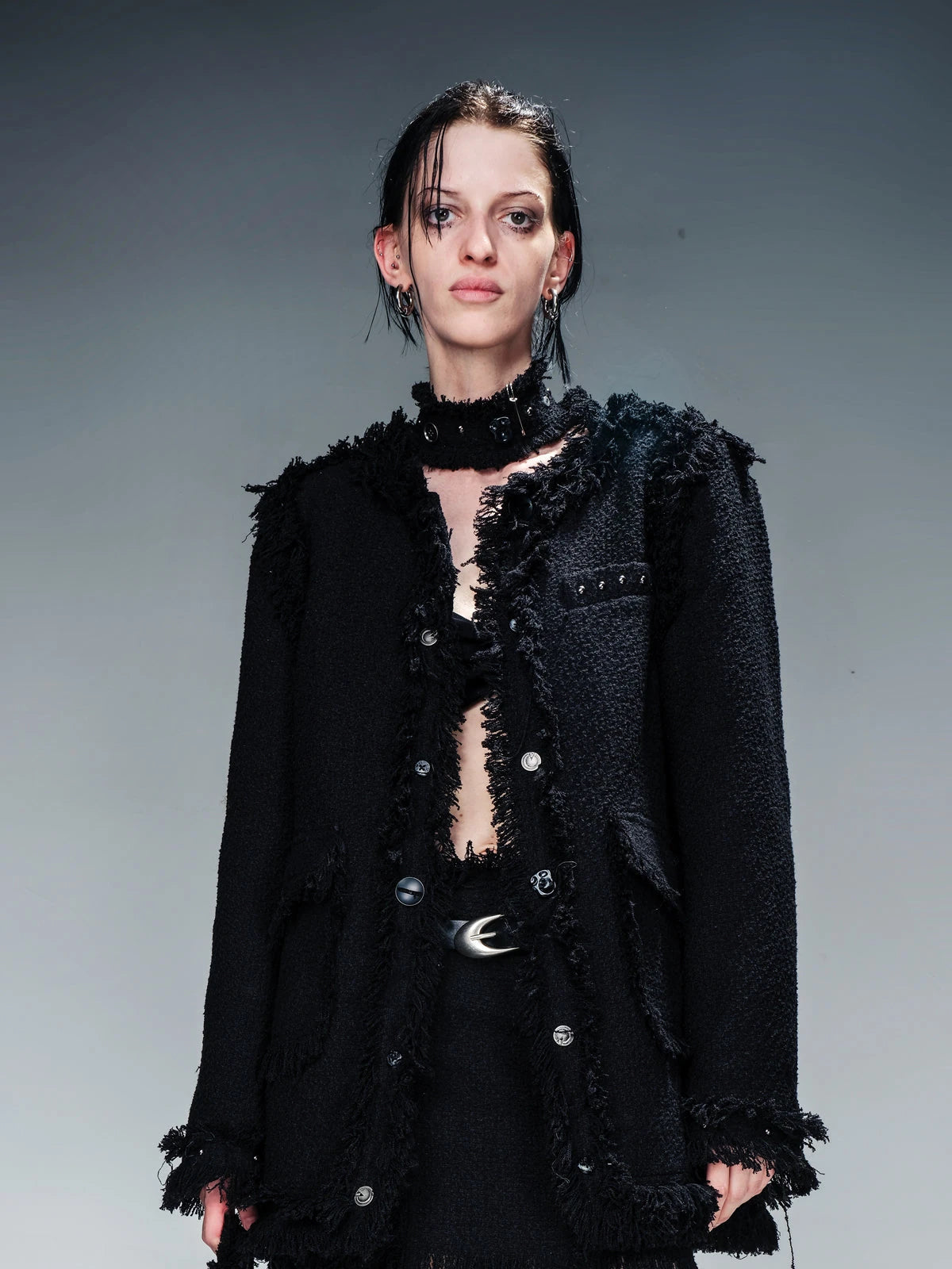 Tweed Blazer And Skirt Set With Frayed Detailing