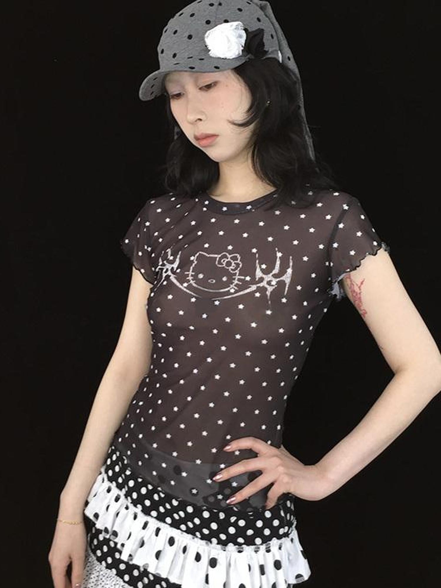 Schwarzes Mesh-Stretch-T-Shirt mit Kitty-Sternen-Print
