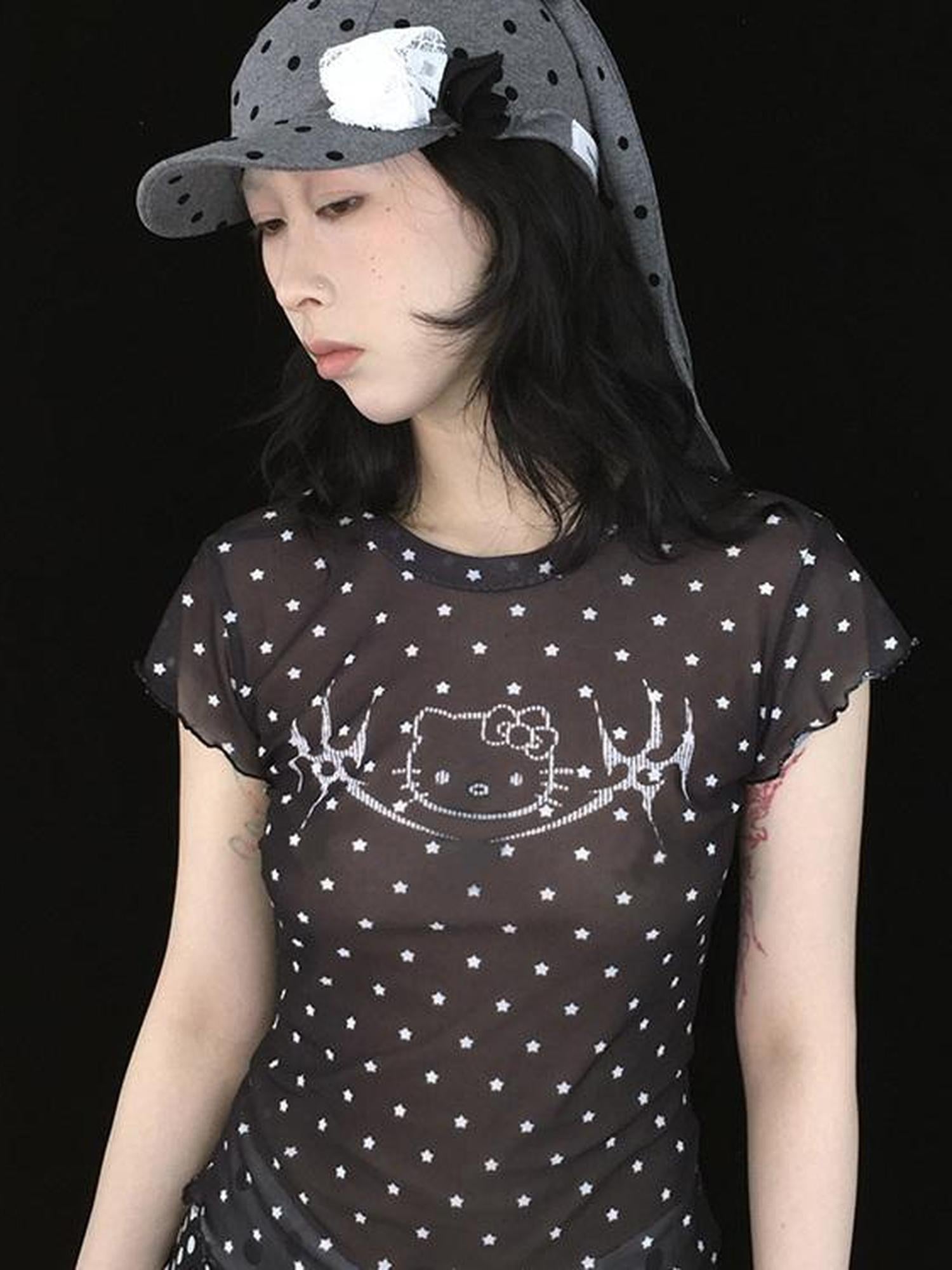 Schwarzes Mesh-Stretch-T-Shirt mit Kitty-Sternen-Print