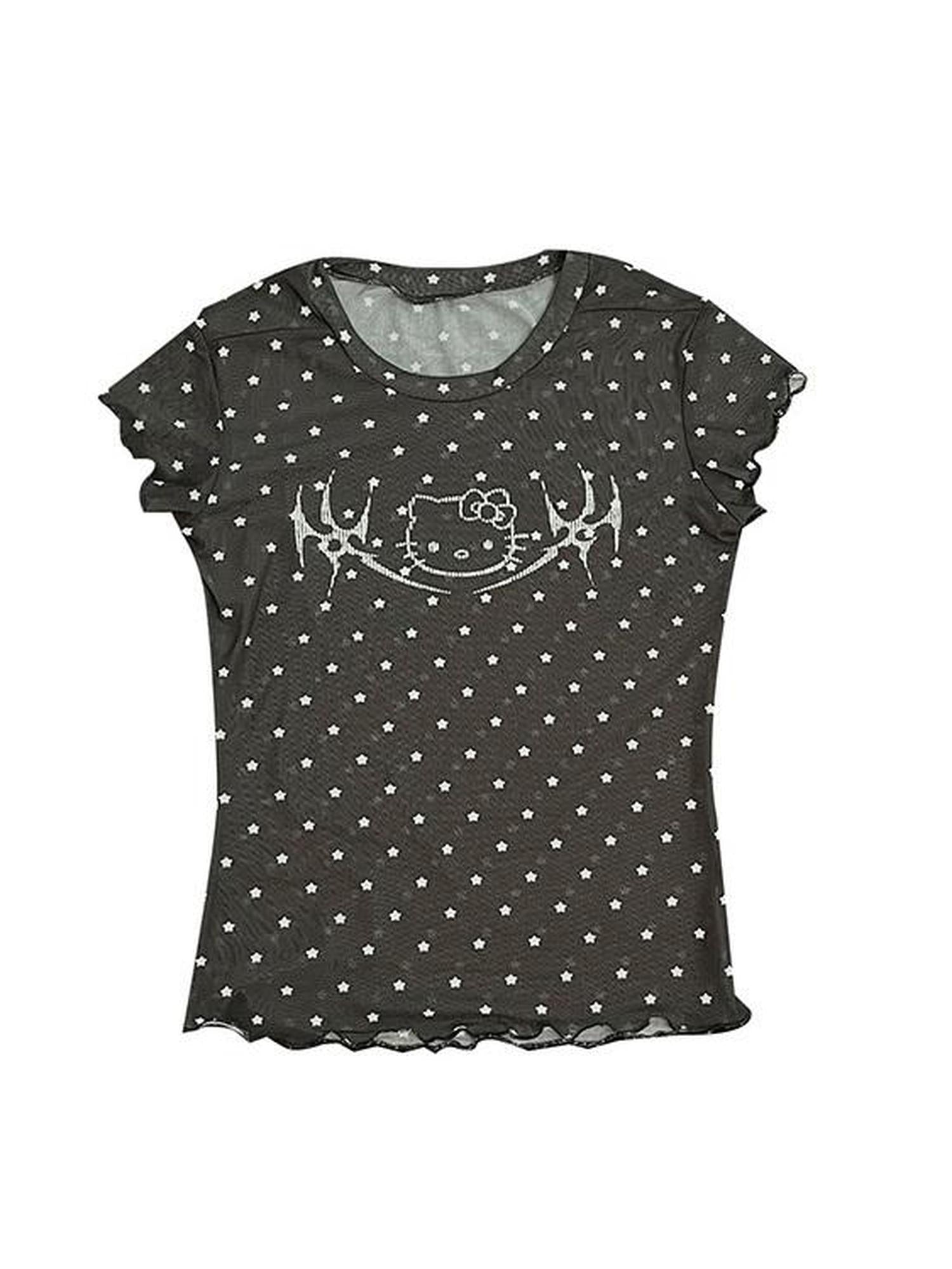 Schwarzes Mesh-Stretch-T-Shirt mit Kitty-Sternen-Print