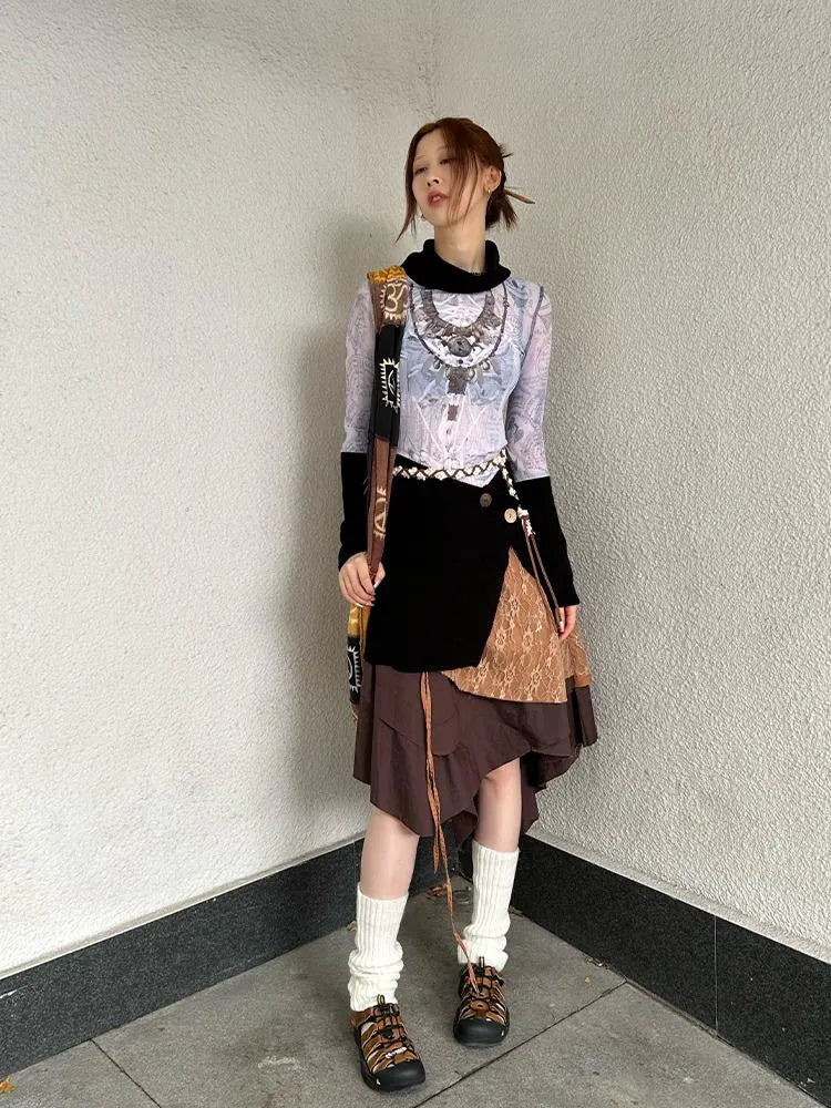 Black Knit Stretch Coconut Button Wrap Skirt