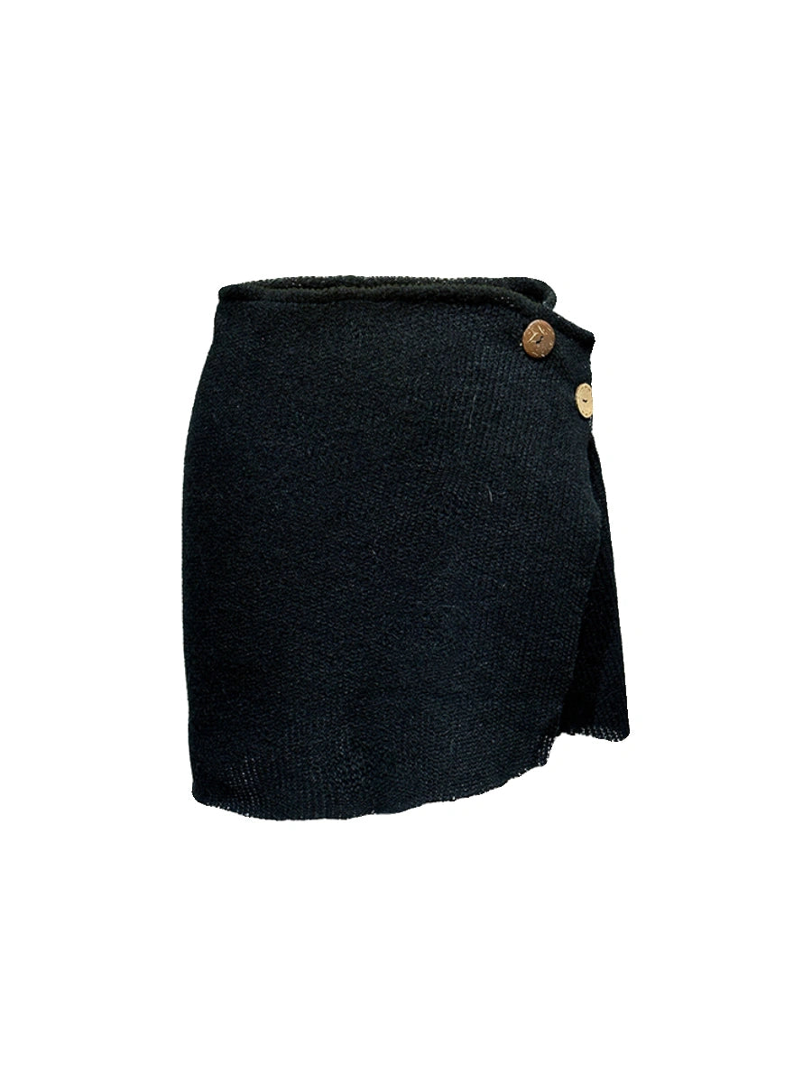 Black Knit Stretch Coconut Button Wrap Skirt