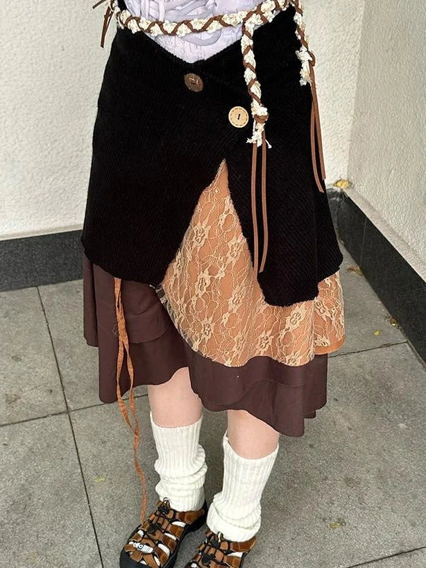 Black Knit Stretch Coconut Button Wrap Skirt