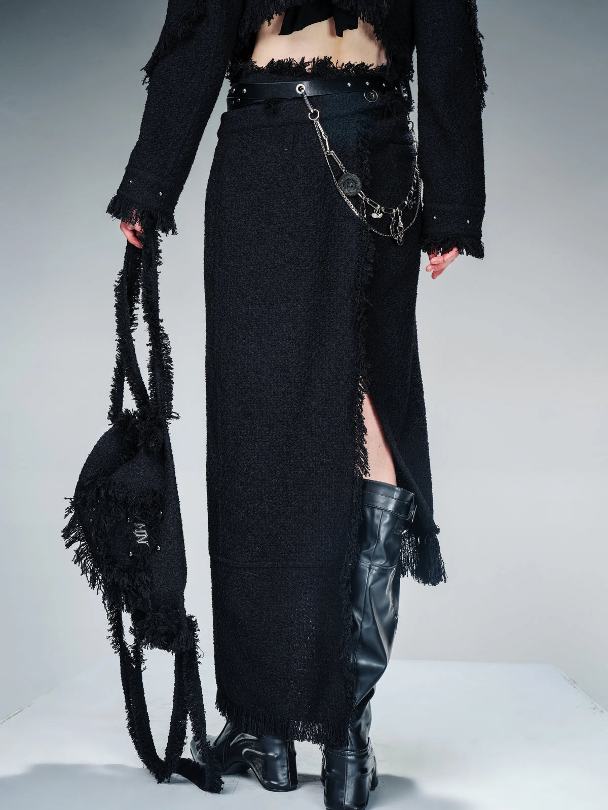 Fringed Tweed Set Edgy Jacket Asymmetric Skirt