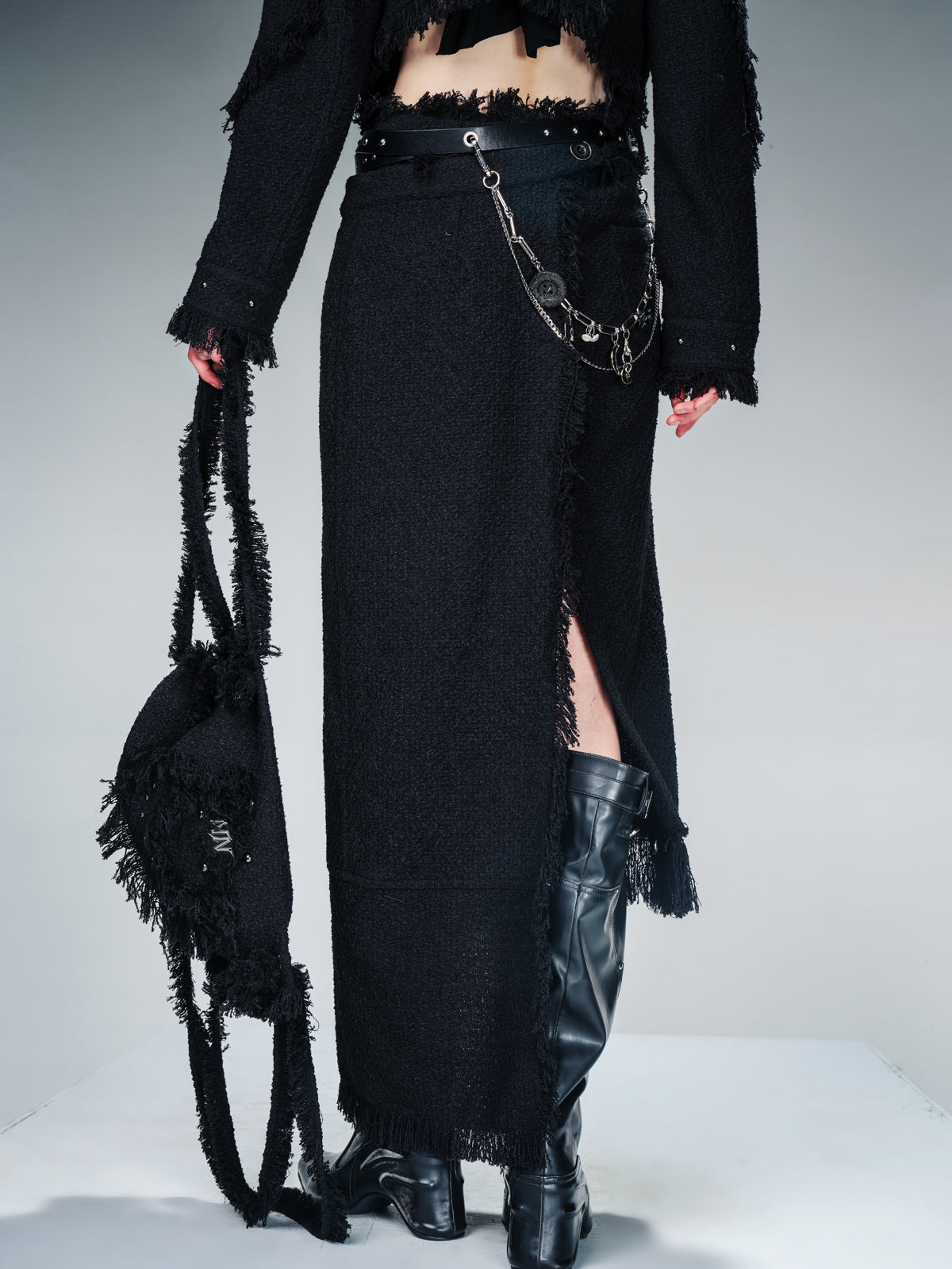 NN NORTH NODE Fringed Tweed Set Edgy Jacket Asymmetric Skirt