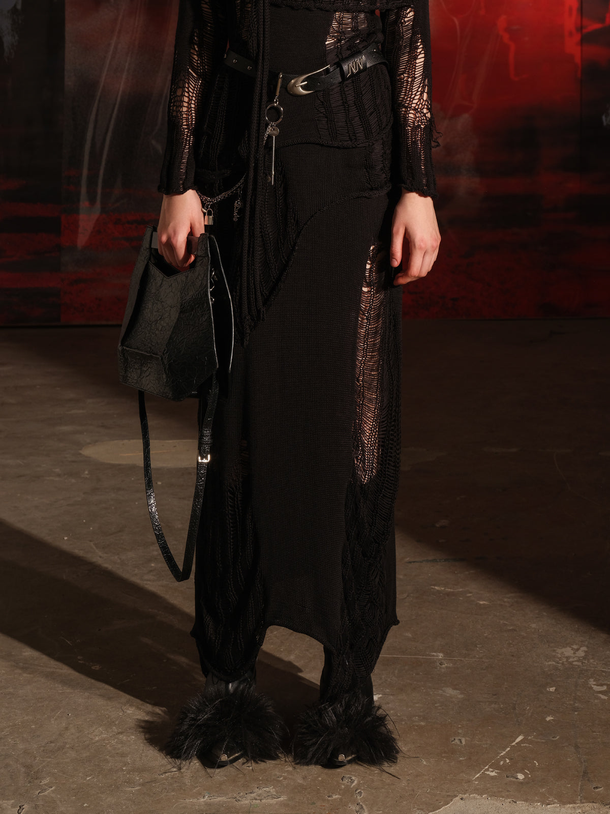 NN NORTH NODE One Shoulder Knit Set with Asymmetrical Neckline and Distressed Detailing