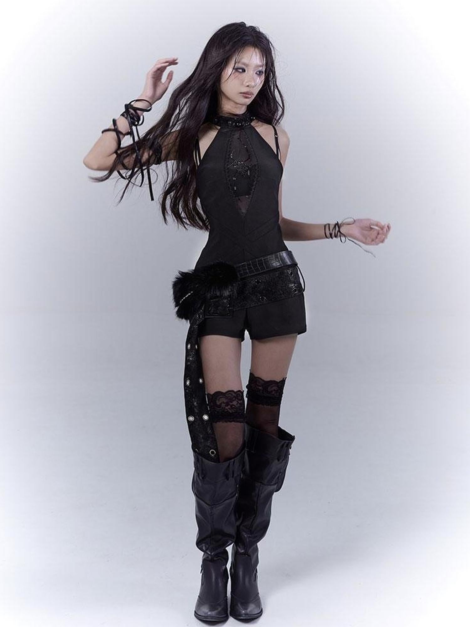 WSW WUSHENWU Black Pearl Rhinestone Cutout High Waist Slim Fit Pants