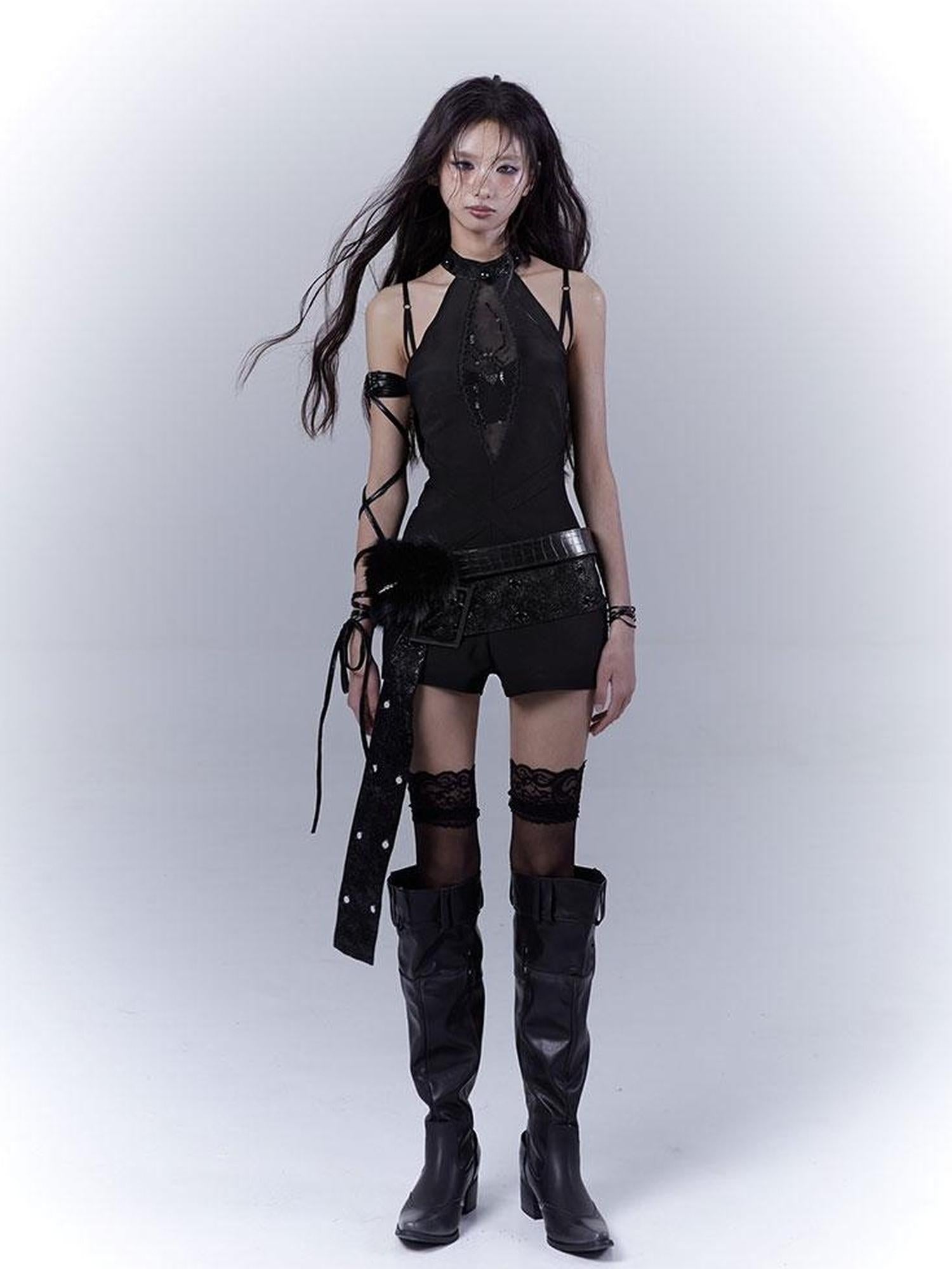 WSW WUSHENWU Black Pearl Rhinestone Cutout High Waist Slim Fit Pants