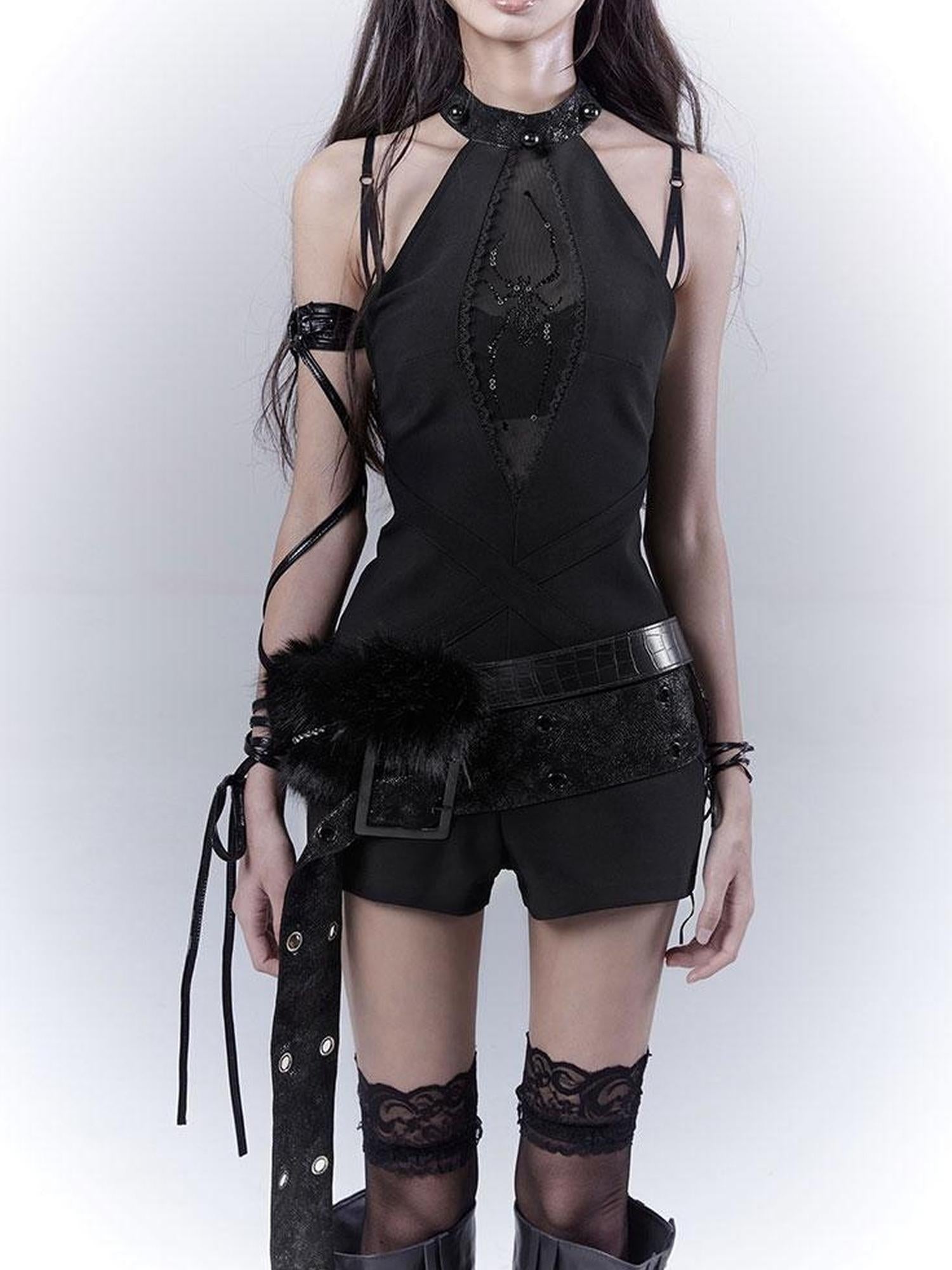 WSW WUSHENWU Black Pearl Rhinestone Cutout High Waist Slim Fit Pants