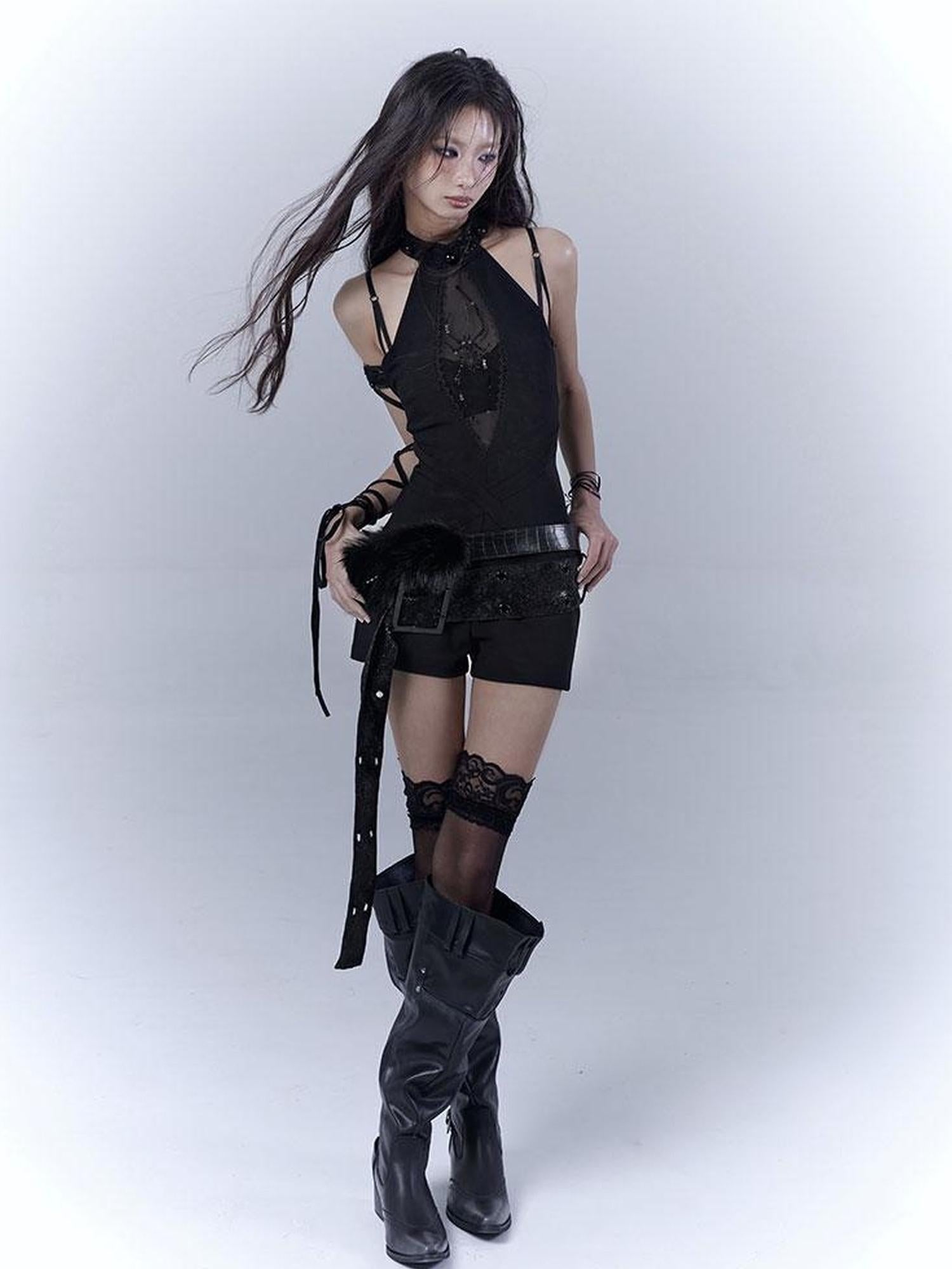 WSW WUSHENWU Black Pearl Rhinestone Cutout High Waist Slim Fit Pants