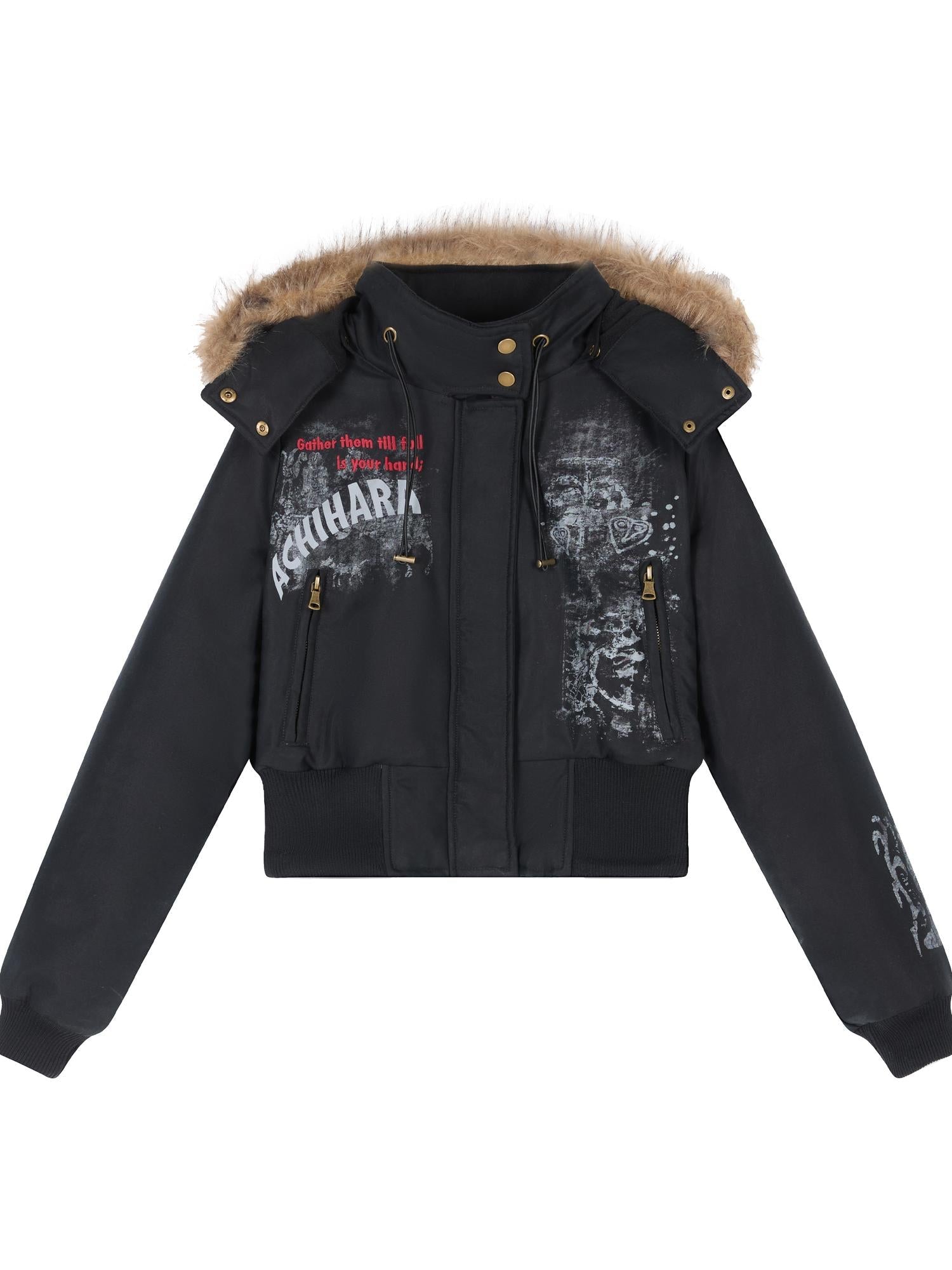 Achihara Vintage Han Stone Print Detachable Hood Puffer